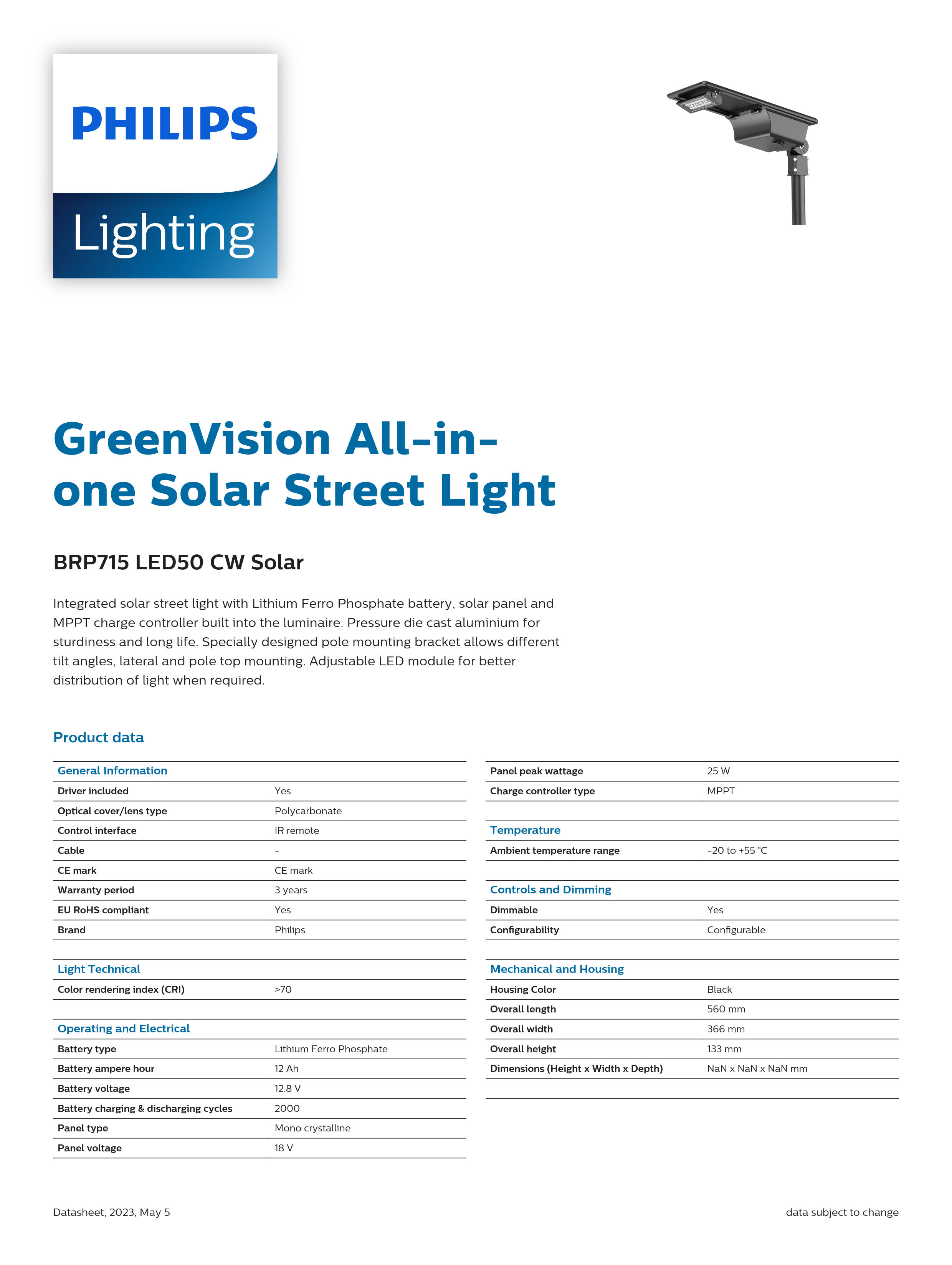 PHILIPS Solar Street BRP715 LED50 CW Solar 911401625508