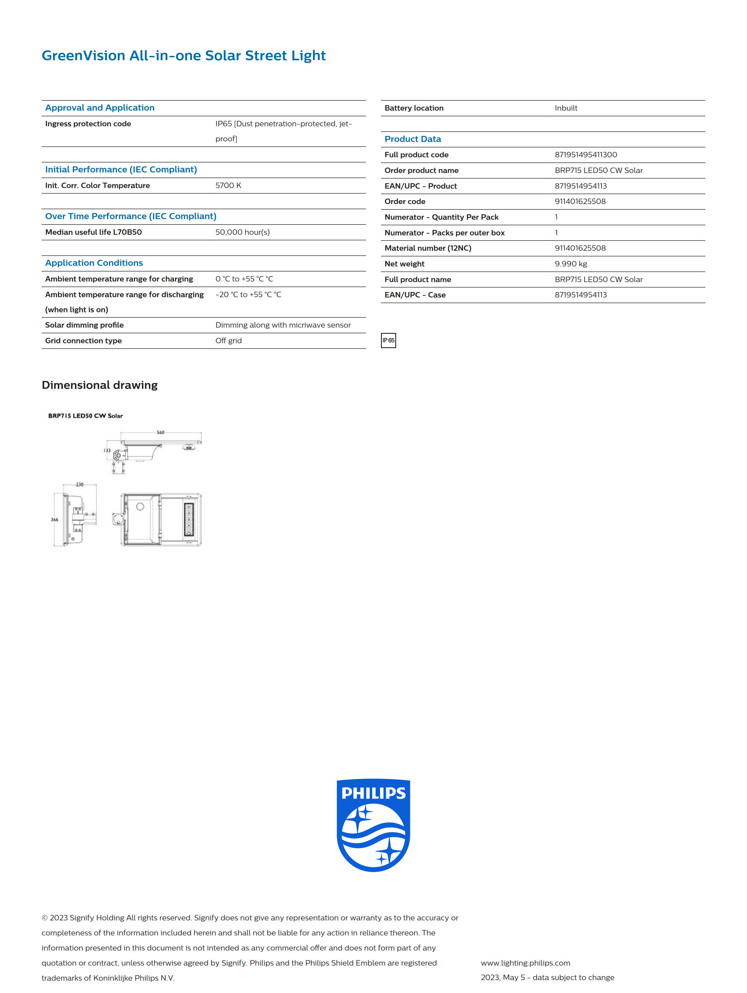 PHILIPS Solar Street BRP715 LED50 CW Solar 911401625508