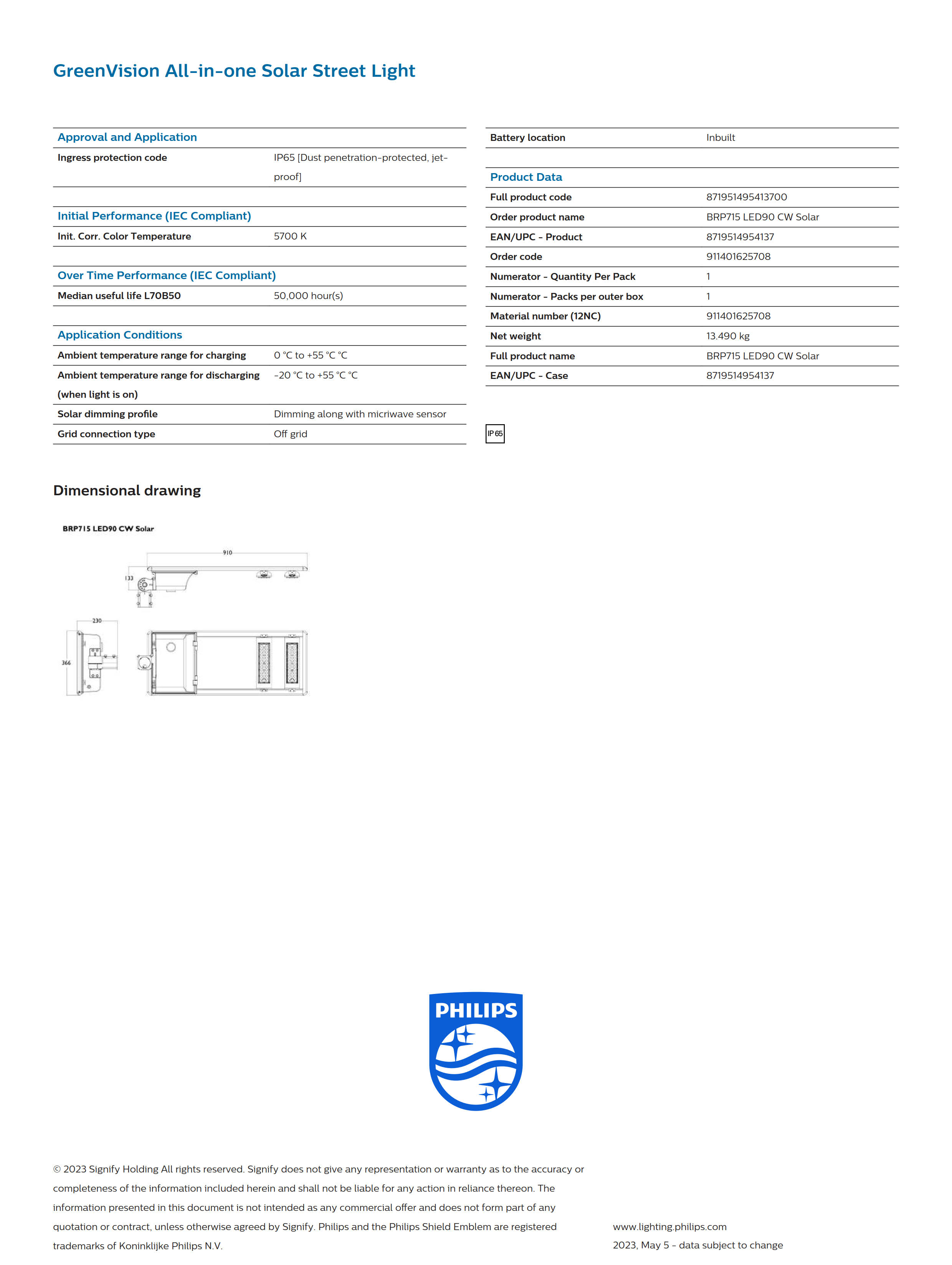 PHILIPS Solar Street BRP715 LED90 CW Solar 911401625708