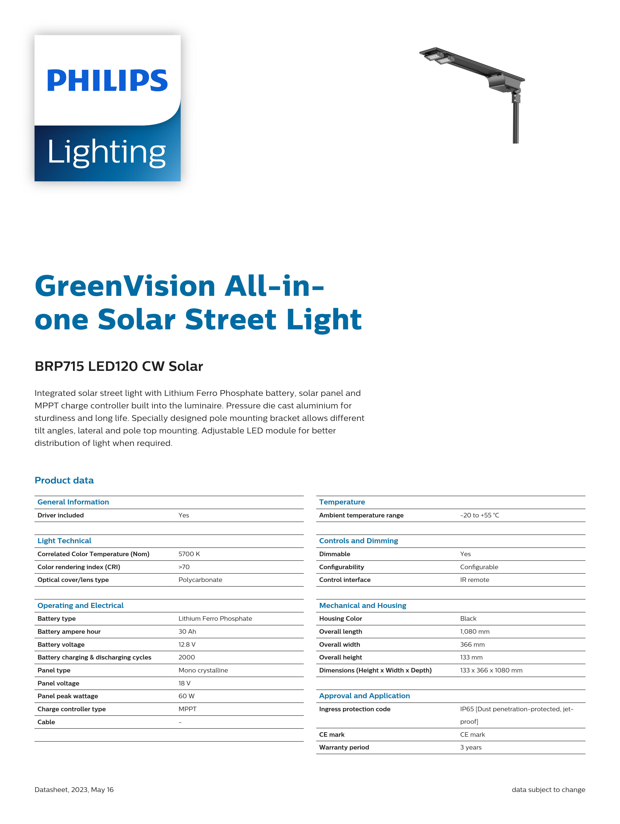 PHILIPS Solar Street BRP715 LED120 CW Solar 911401625808