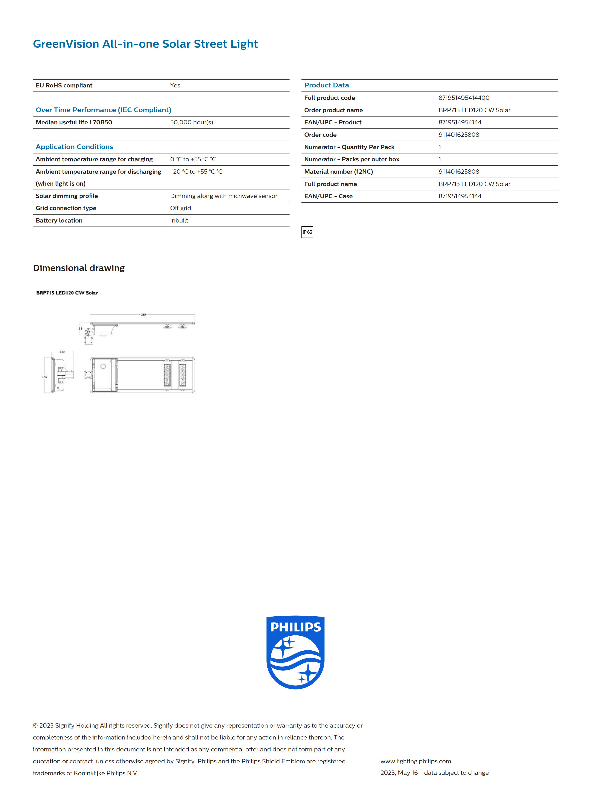 PHILIPS Solar Street BRP715 LED120 CW Solar 911401625808