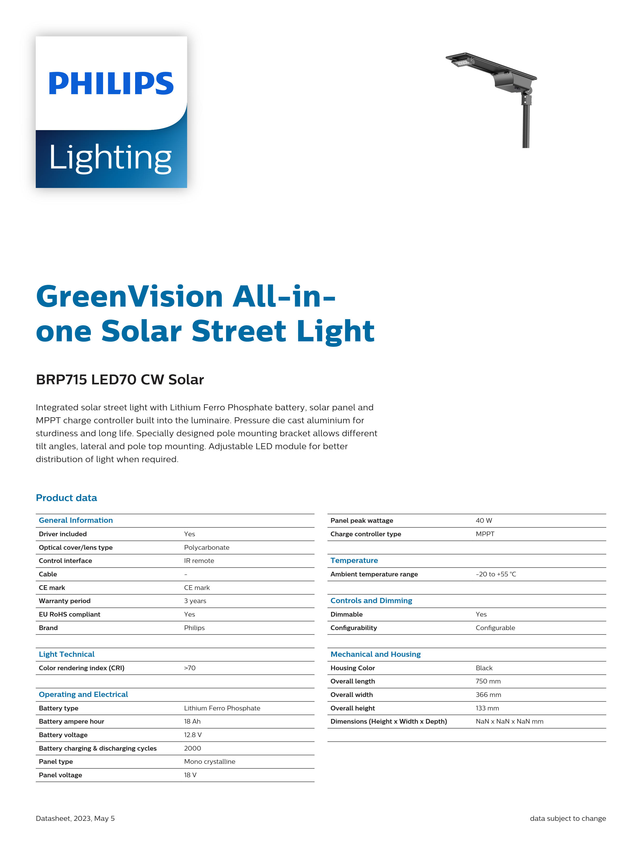 PHILIPS Solar Street BRP715 LED70 CW Solar 911401625608