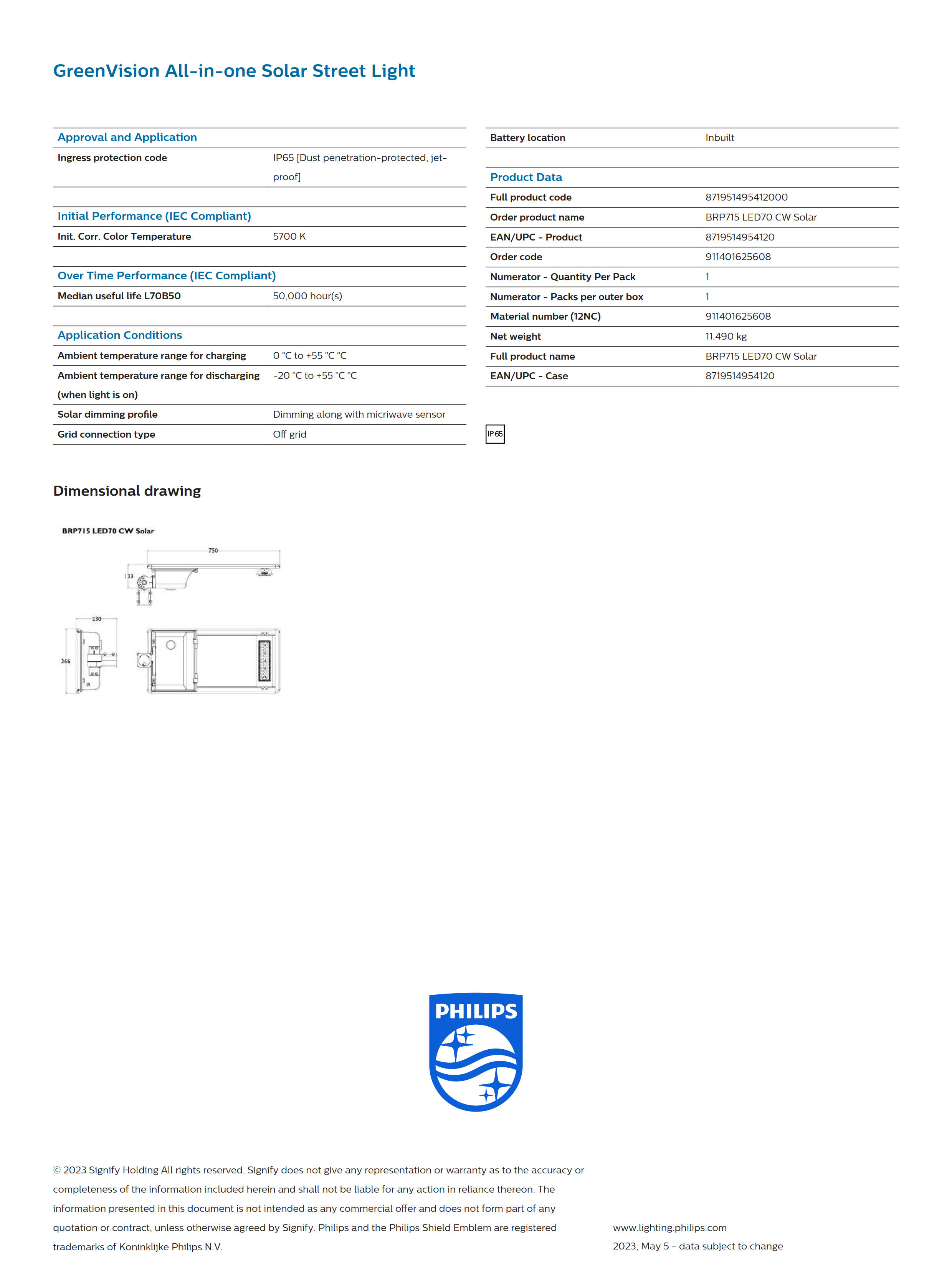 PHILIPS Solar Street BRP715 LED70 CW Solar 911401625608