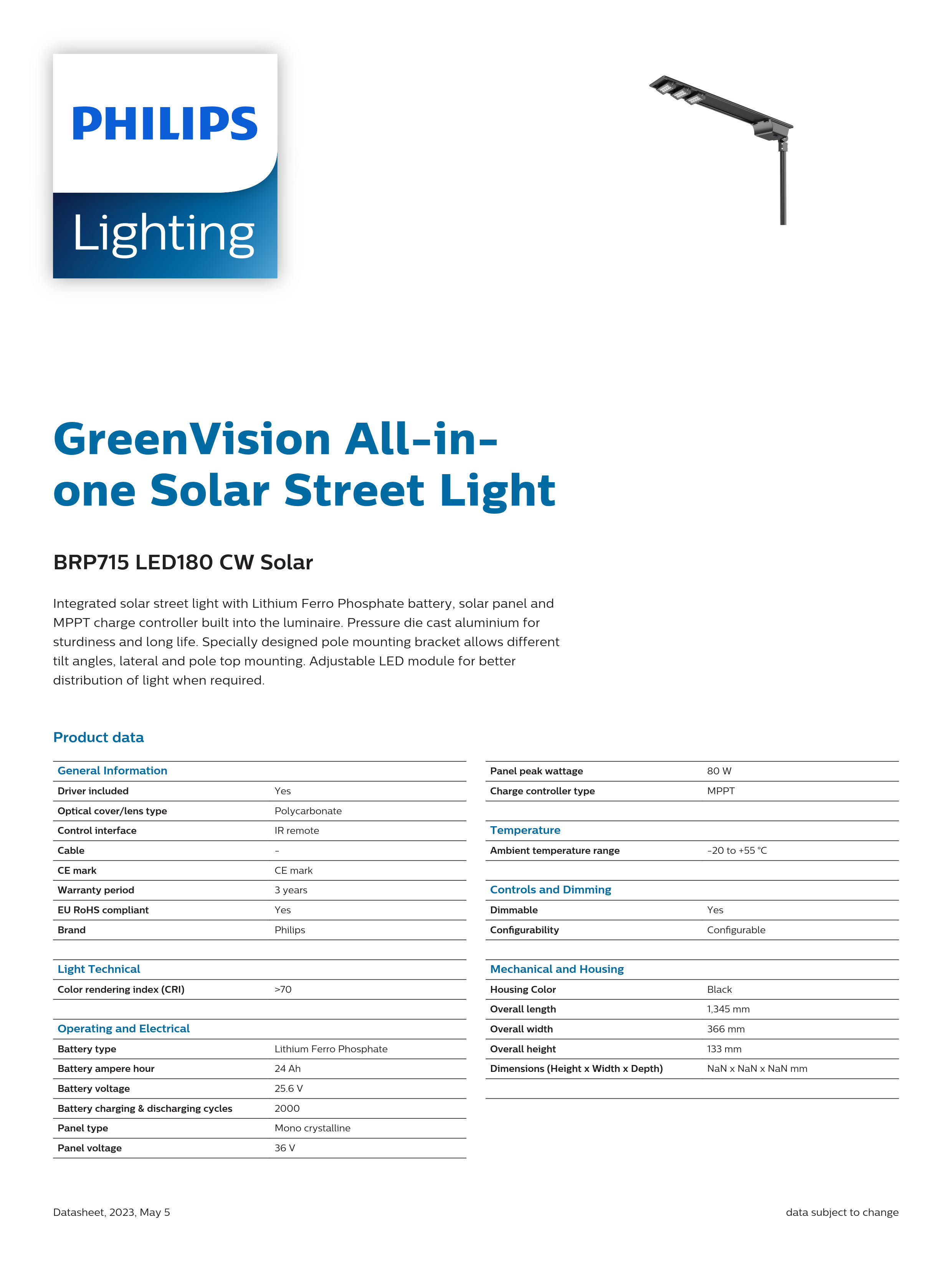 PHILIPS Solar Street BRP715 LED180 CW Solar 911401625908