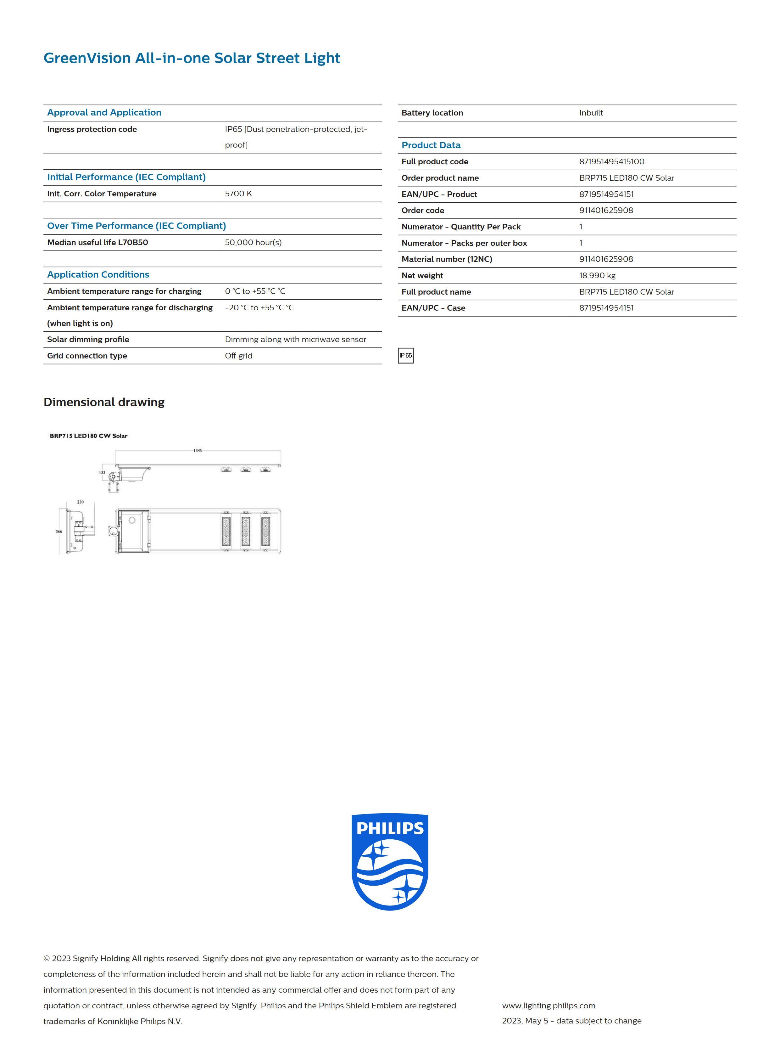 PHILIPS Solar Street BRP715 LED180 CW Solar 911401625908