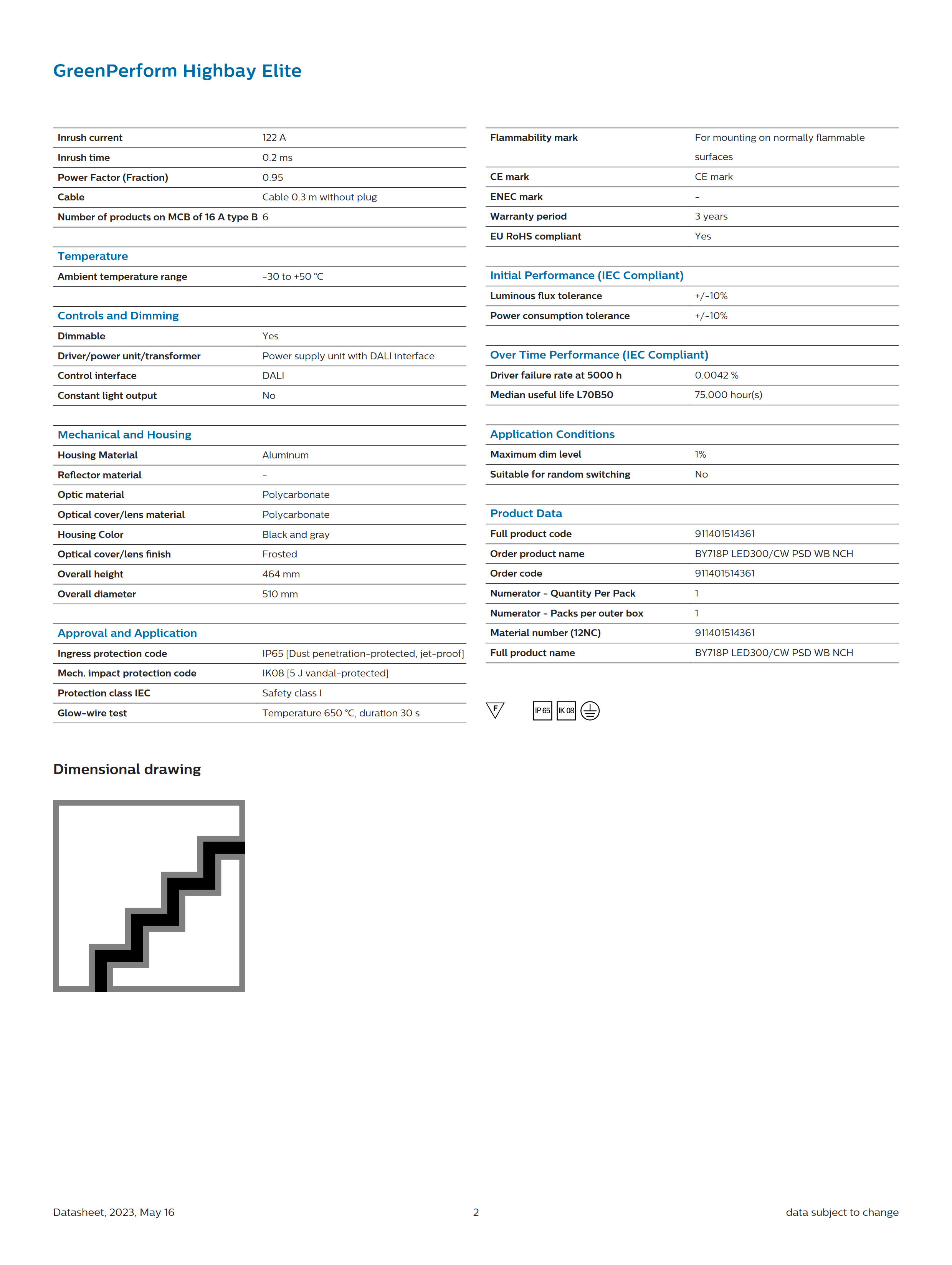 PHILIPS Highbay BY718P LED300/CW PSD WB NCH 911401514361