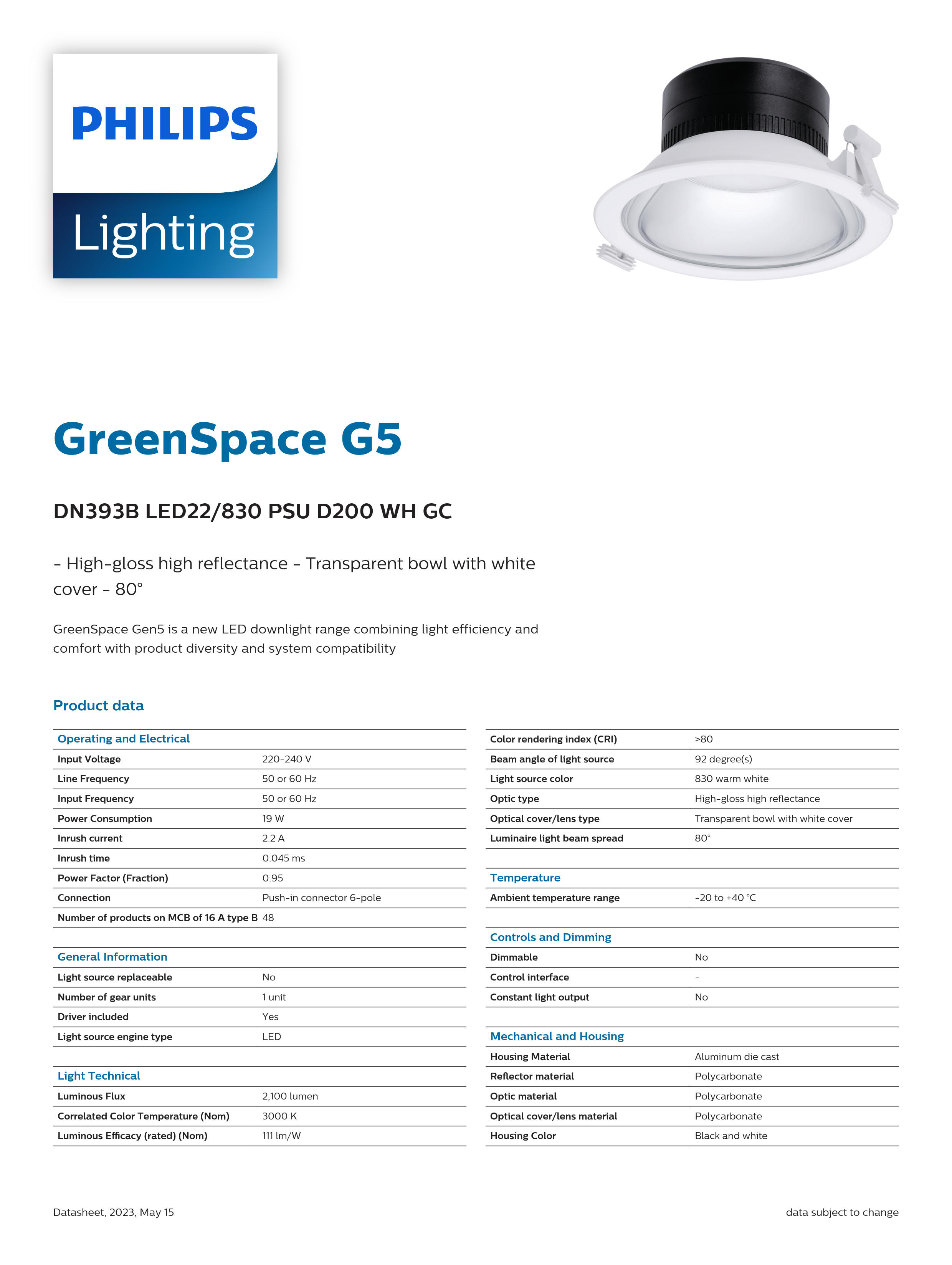 PHILIPS Downlight DN393B LED22/830 PSU D200 WH GC 911401574041