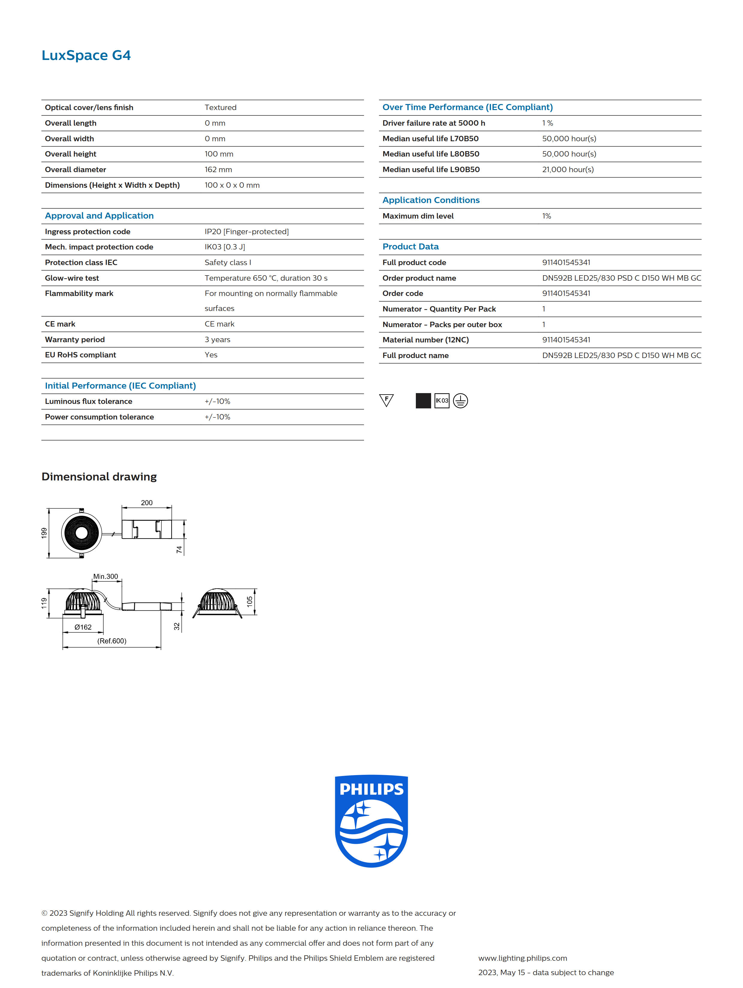 PHILIPS Downlight DN592B LED25/830 PSD C D150 WH MB GC 911401545341