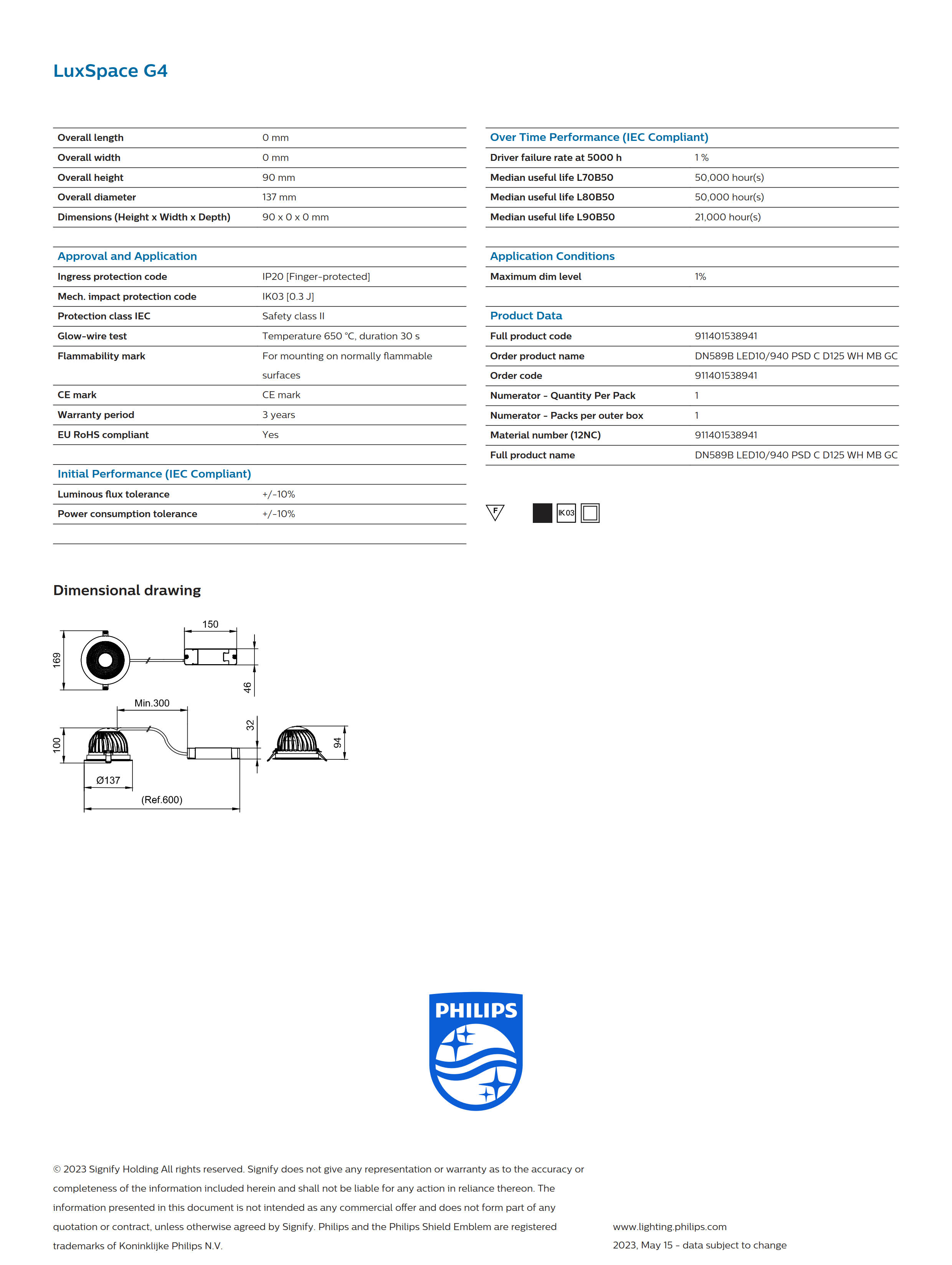 PHILIPS Downlight DN589B LED10/940 PSD C D125 WH MB GC 911401538941