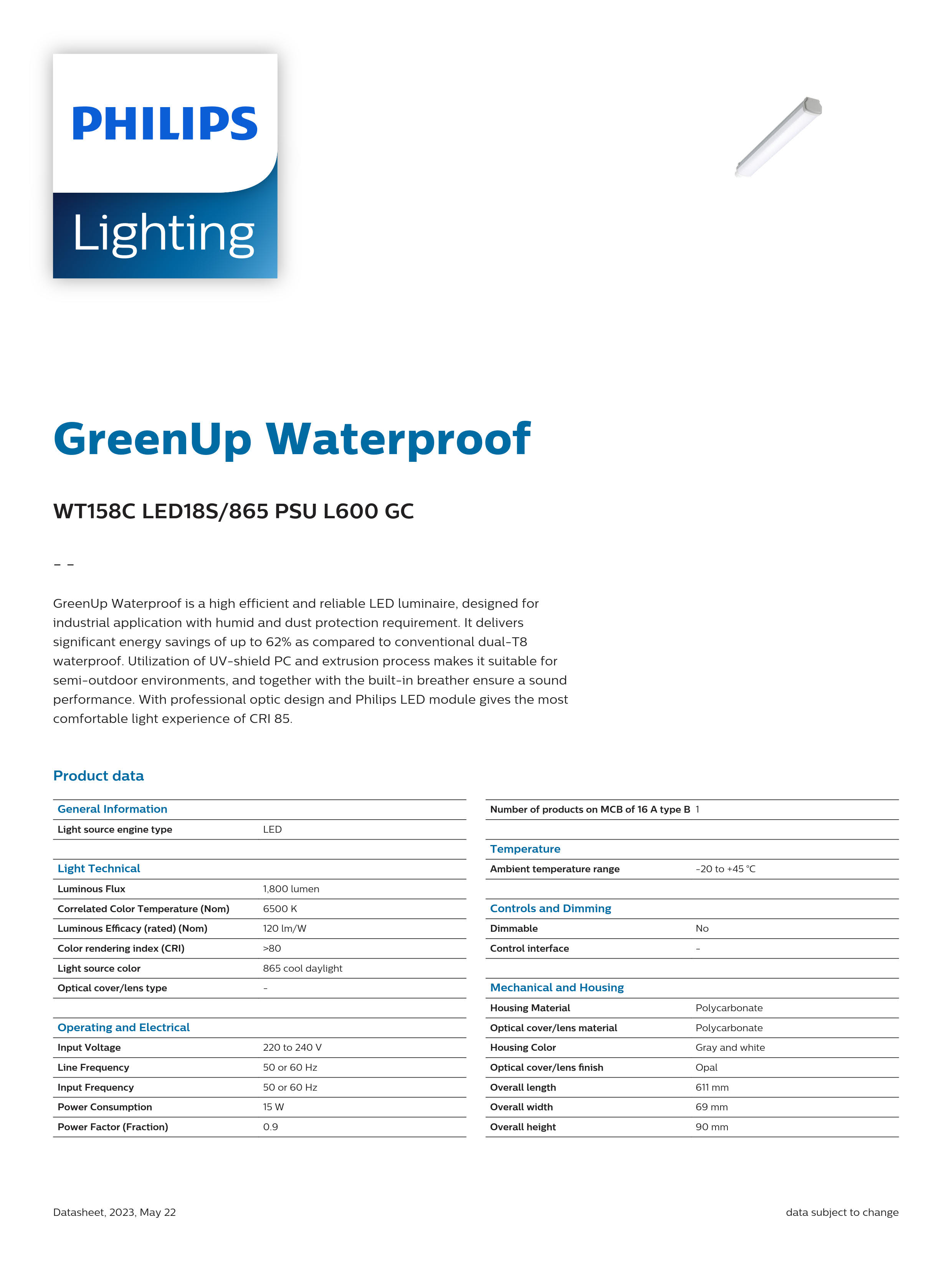 PHILIPS Waterproof WT158C LED18S/865 PSU L600 GC 911401894580