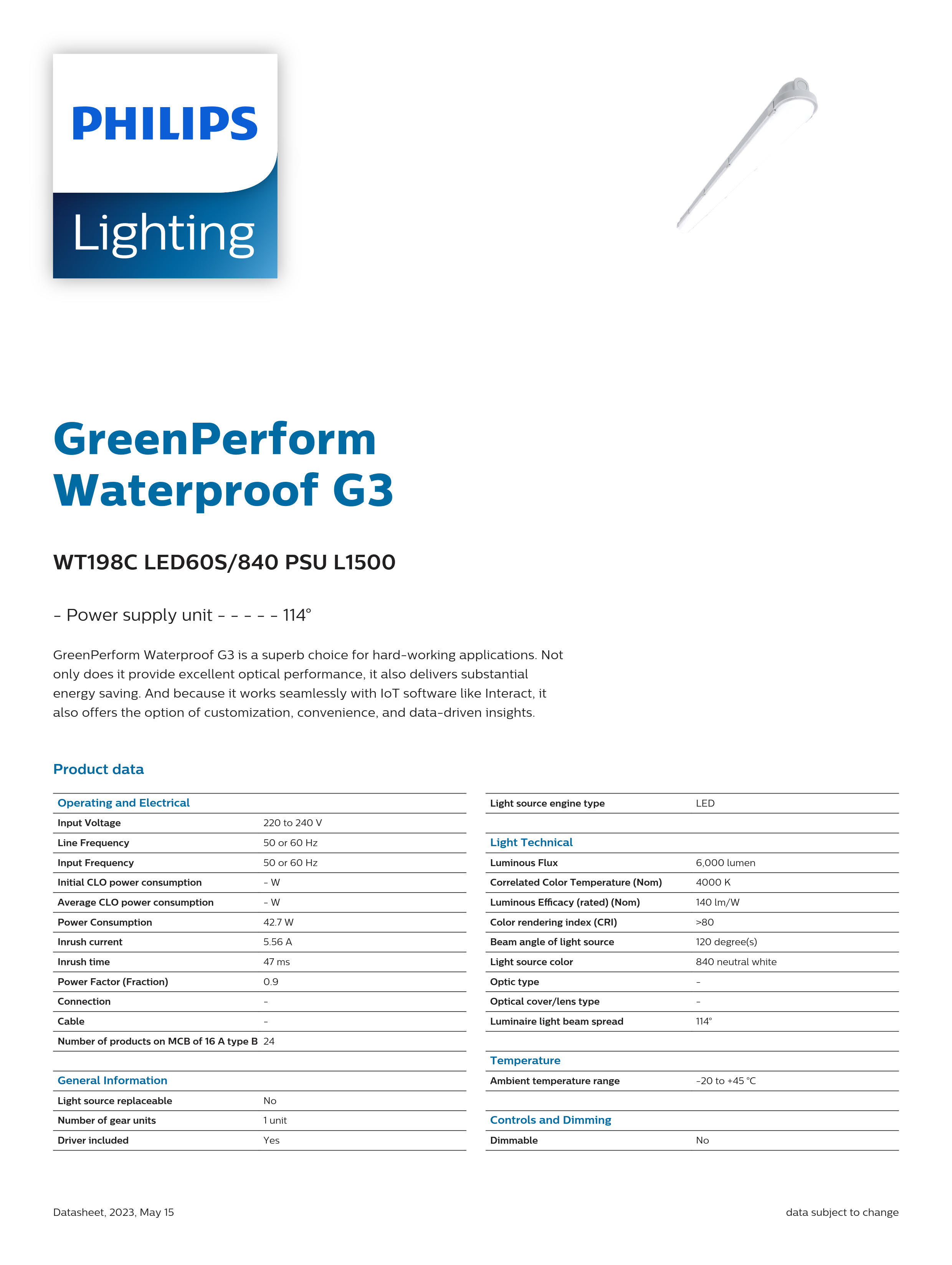 PHILIPS Waterproof WT198C LED60S/840 PSU L1500 911401825880