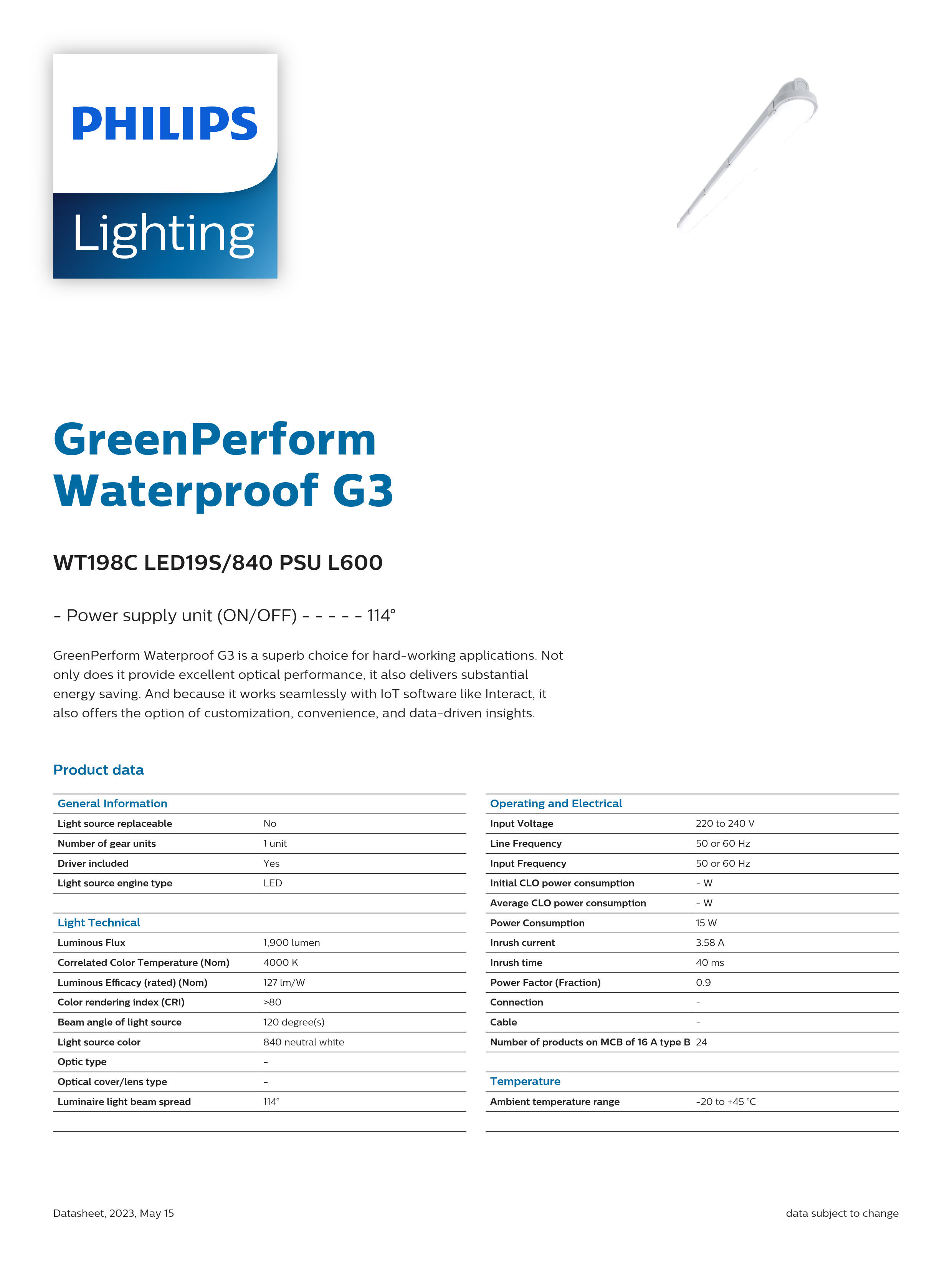 PHILIPS Waterproof WT198C LED19S/840 PSU L600 911401825580
