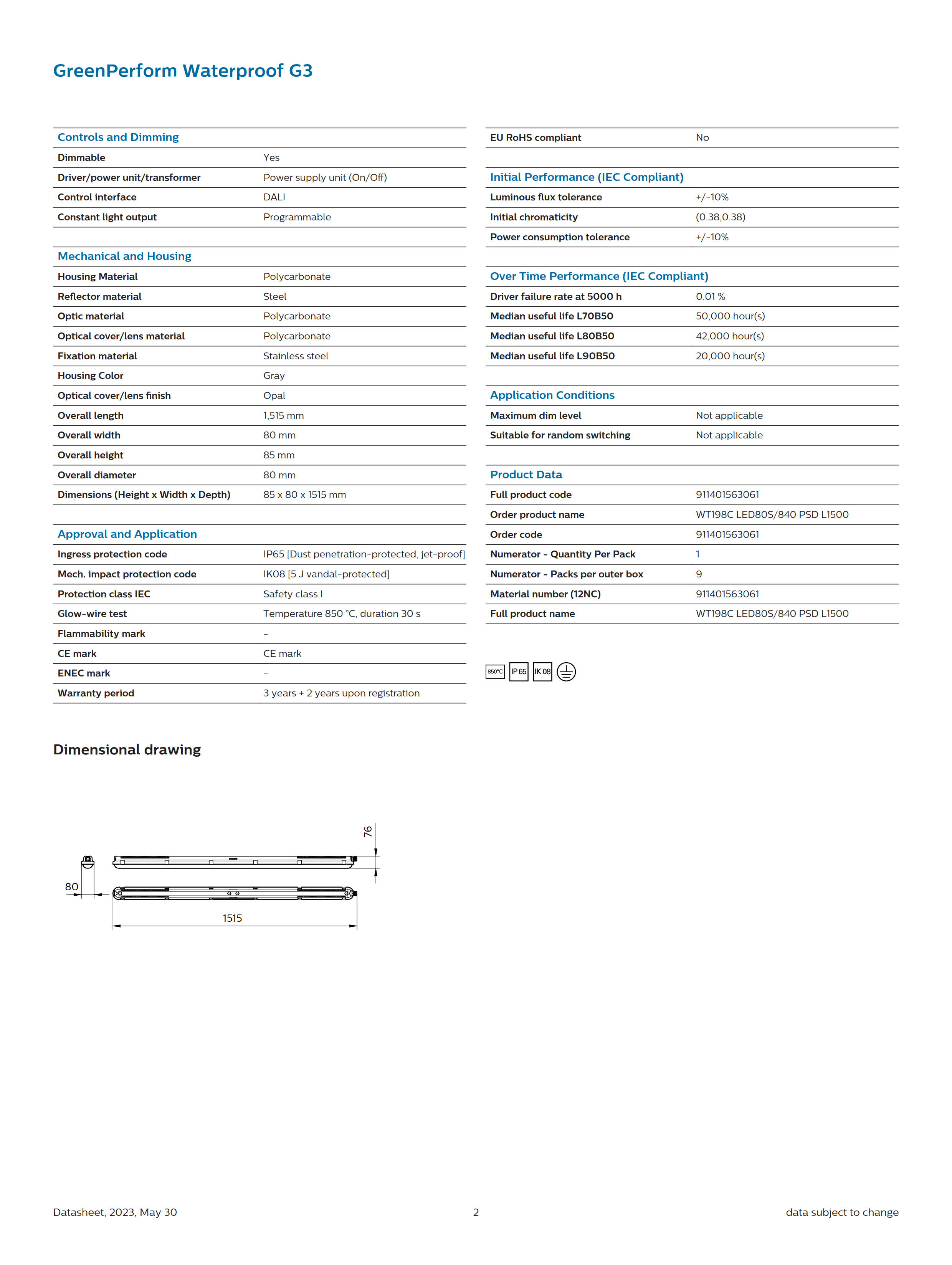 PHILIPS Waterproof WT198C LED80S/840 PSD L1500 911401563061