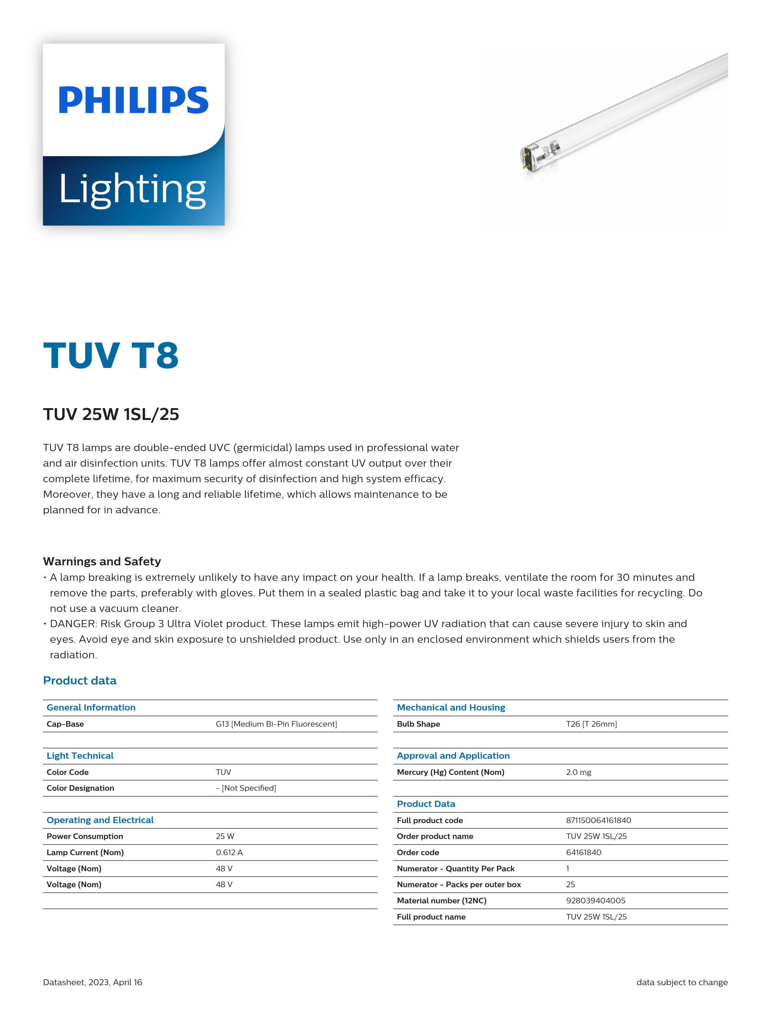 PHILIPS TUV 25W 1SL/25 928039404005