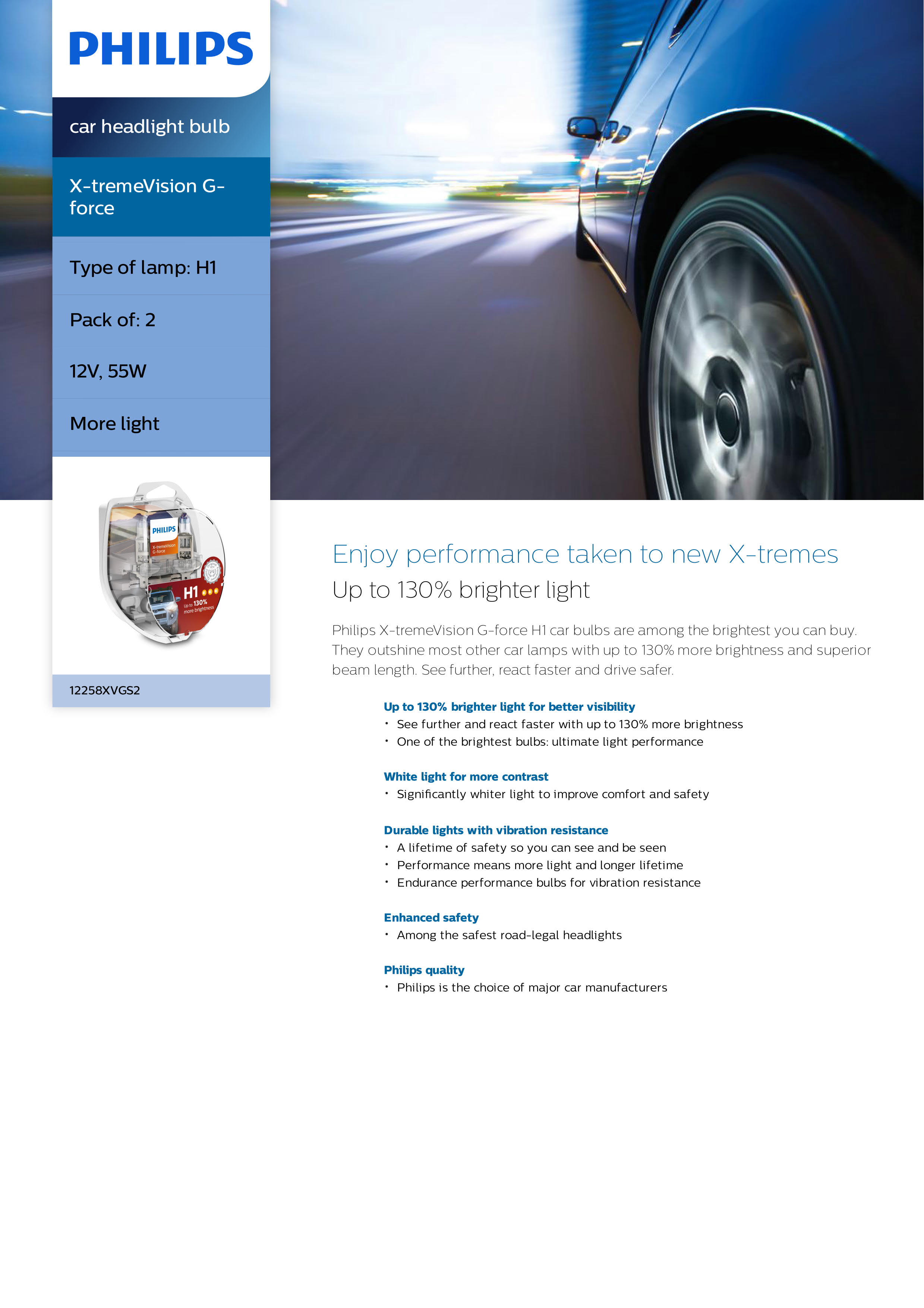 PHILIPS X-tremeVision G-forcecar headlight bulb H1 12V 55W P14,5s 12258XVGS2 867000156906