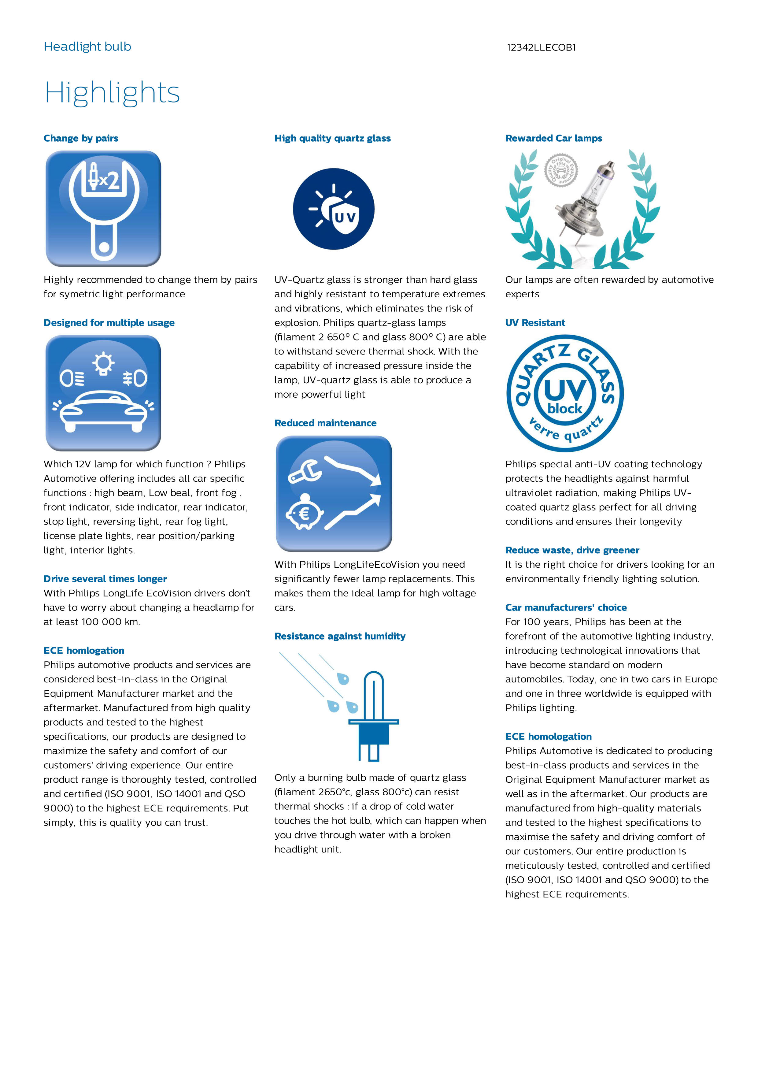 PHILIPS LongLife EcoVision car headlight bulb H4 12V 60/55W P43t-38 12342LLECOB1 924097017110