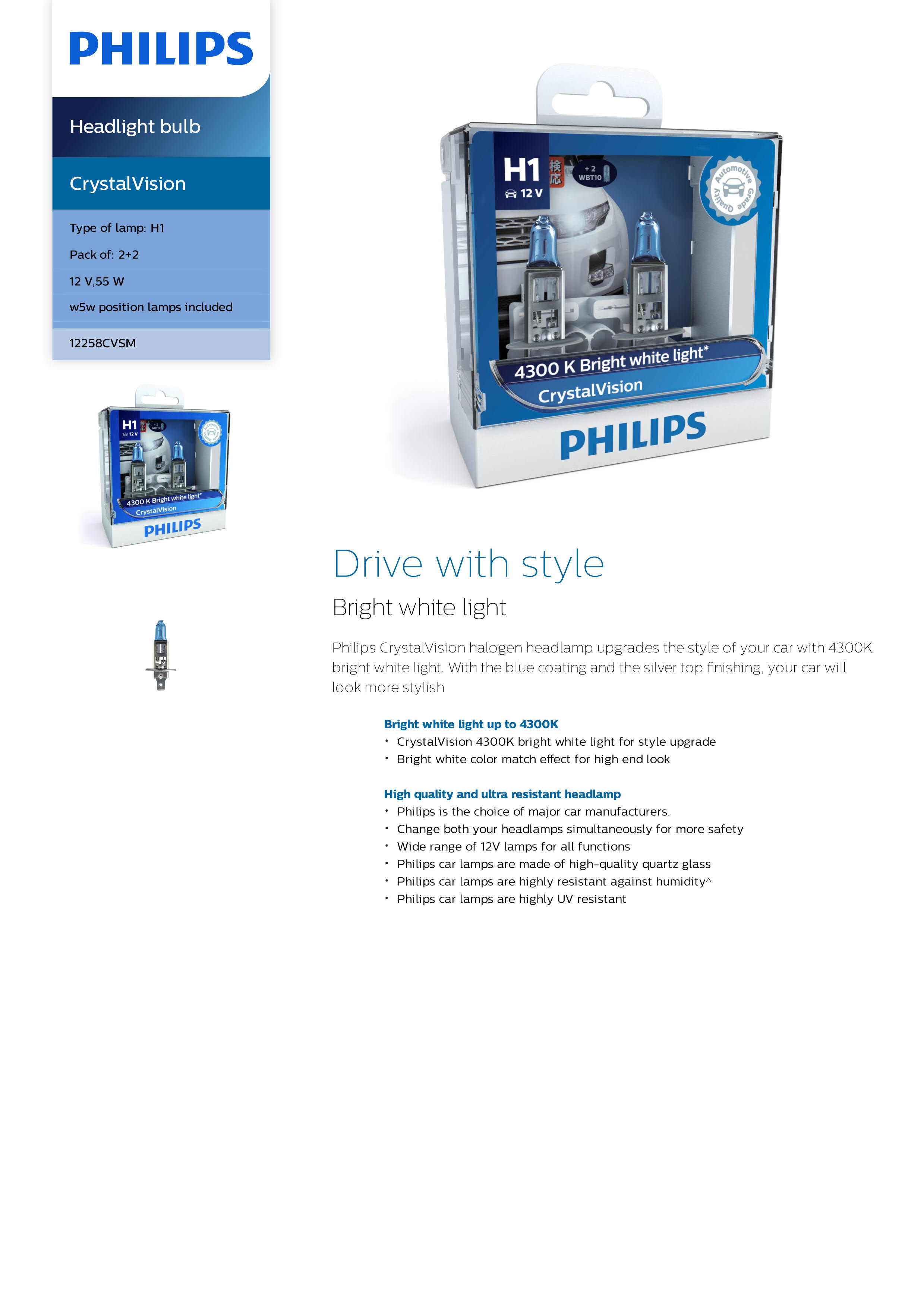 PHILIPS CrystalVision Headlight bulb H1 12V 55W P14.5s 12258CVSM 867000100679