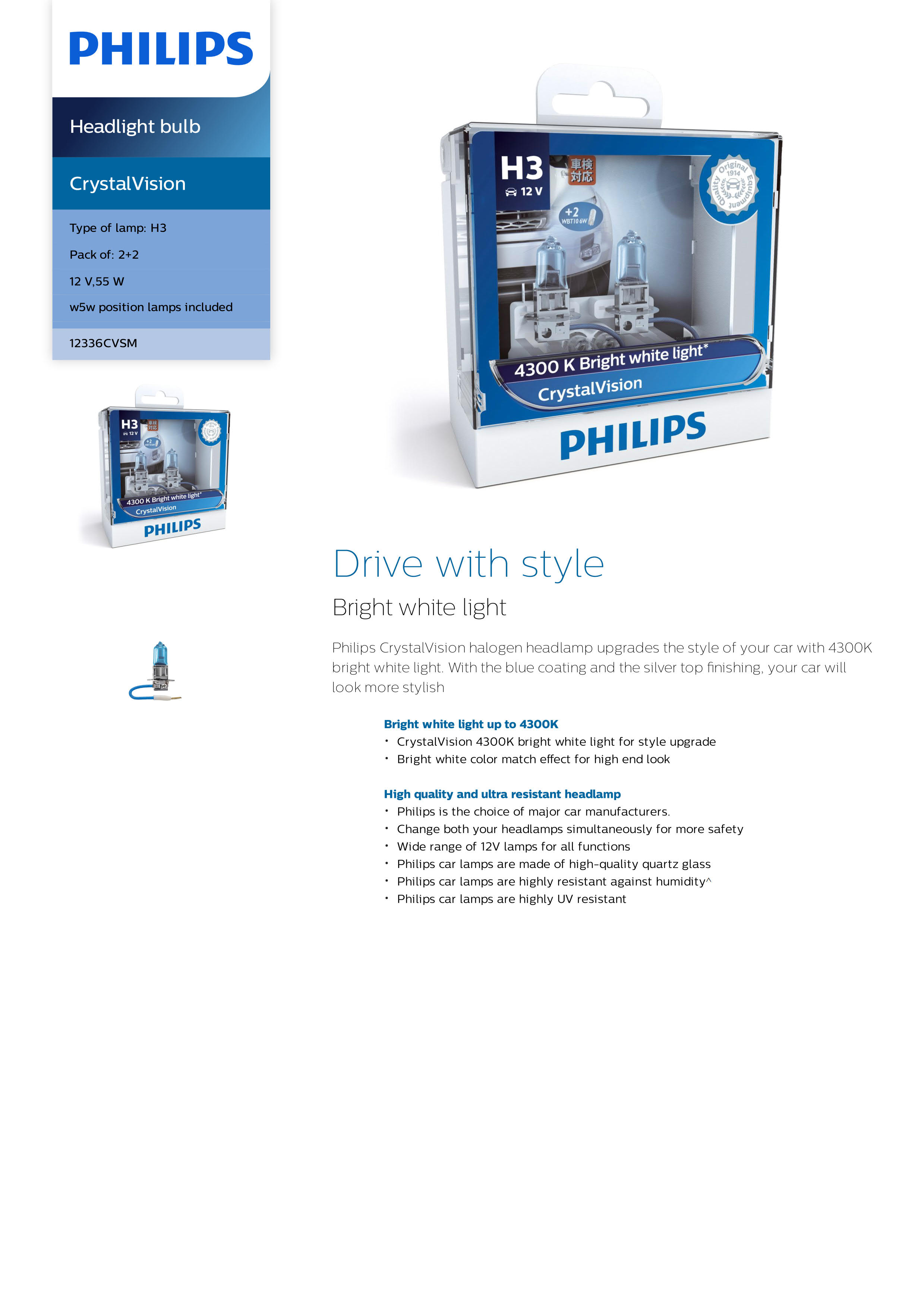 PHILIPS CrystalVision Headlight bulb H3 12V 55W PK22s 12336CVSM 867000100699