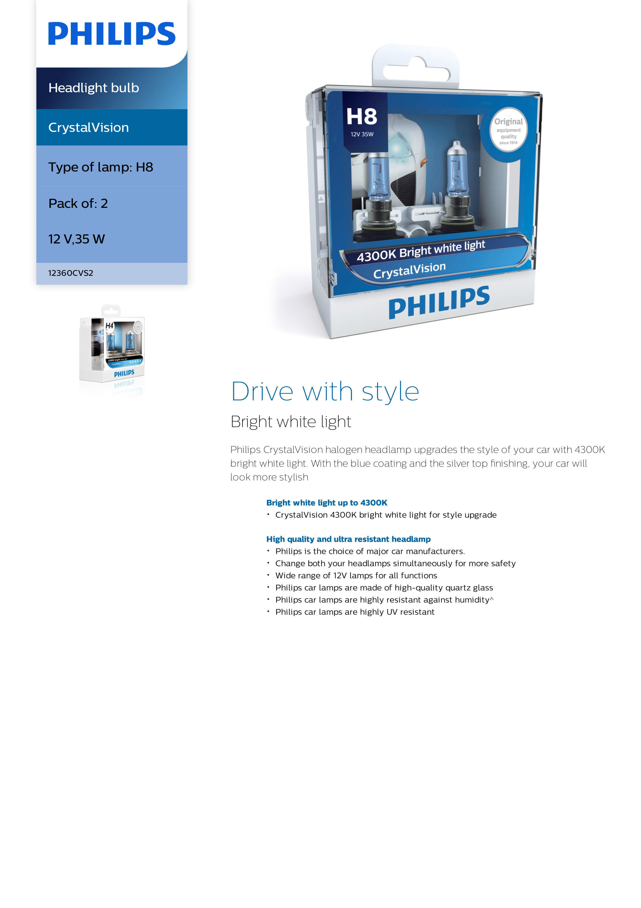 PHILIPS CrystalVision Headlight bulb H8 12V 35W PGJ19-1 12360CVS2 867000118988