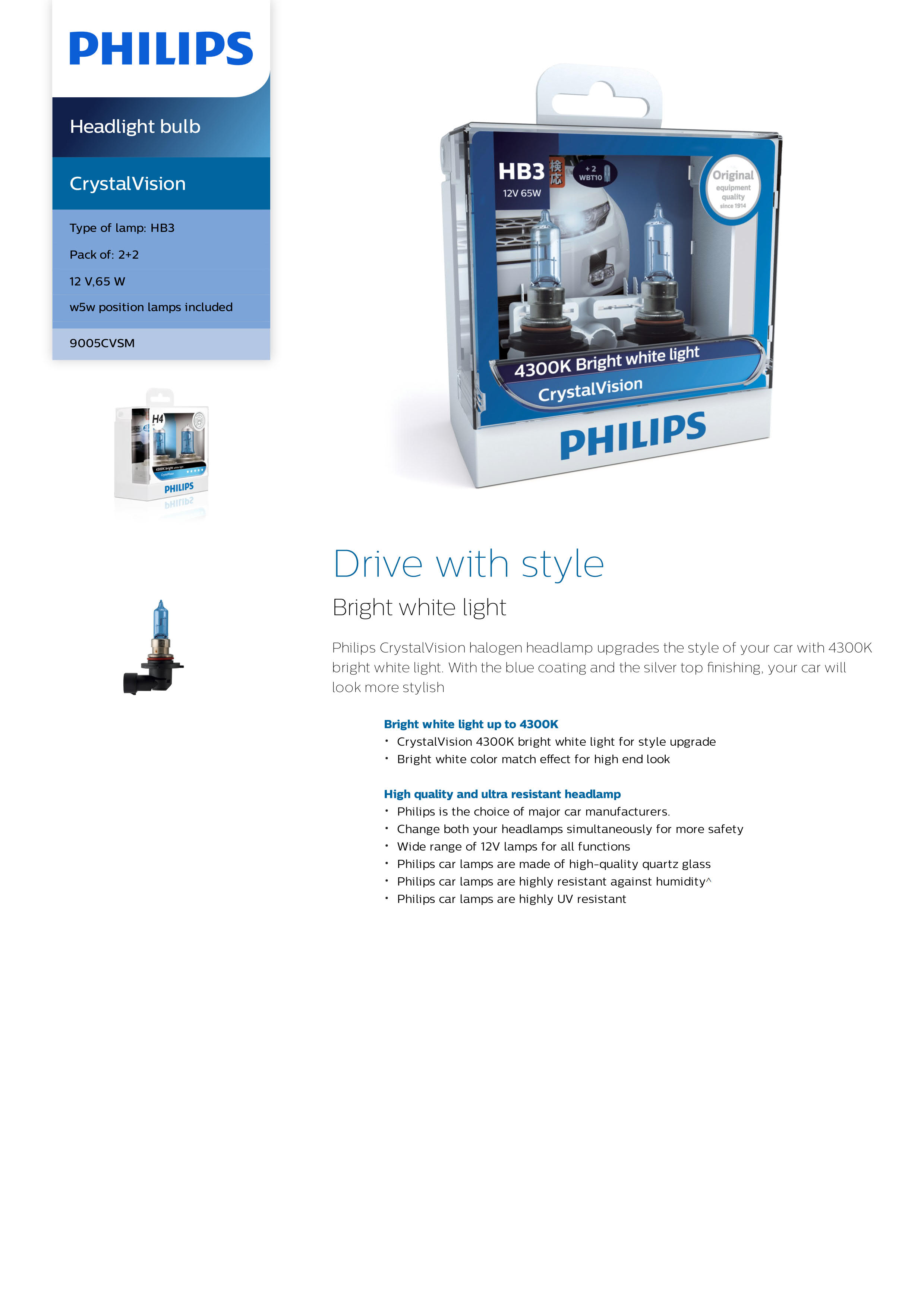 PHILIPS CrystalVision Headlight bulb HB3 12V 60W P20d 9005CVSM 867000119014