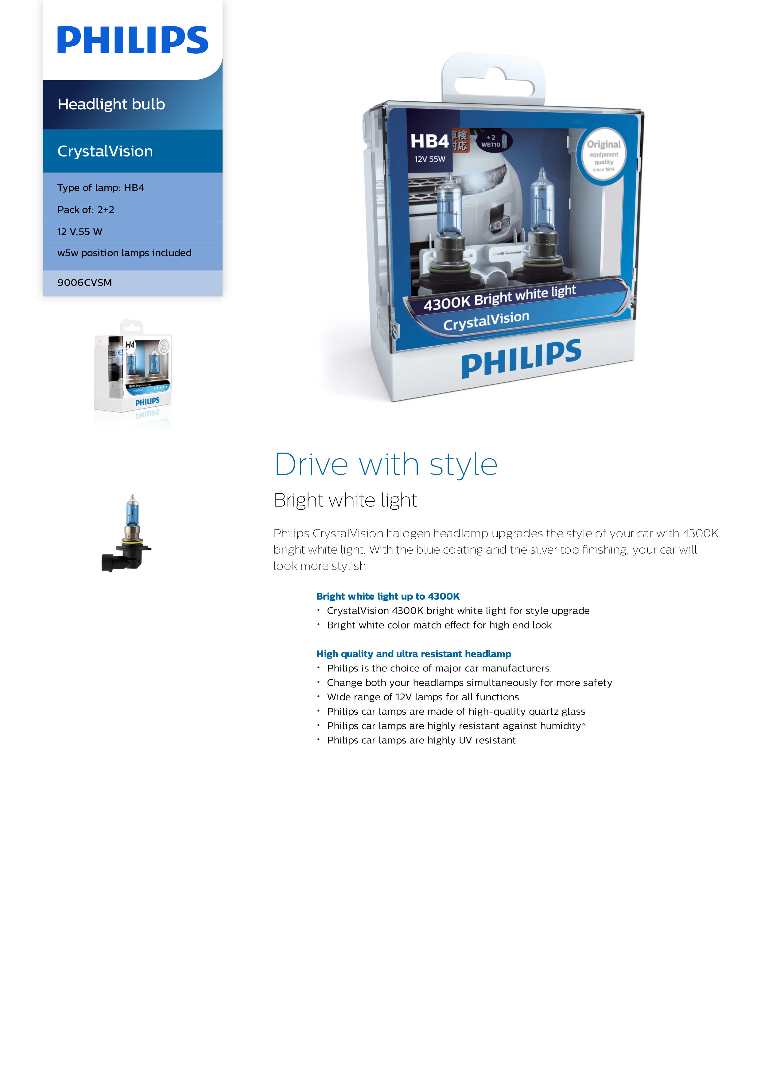 PHILIPS CrystalVision Headlight bulb HB4 12V 60W P22d 9006CVSM 867000119022