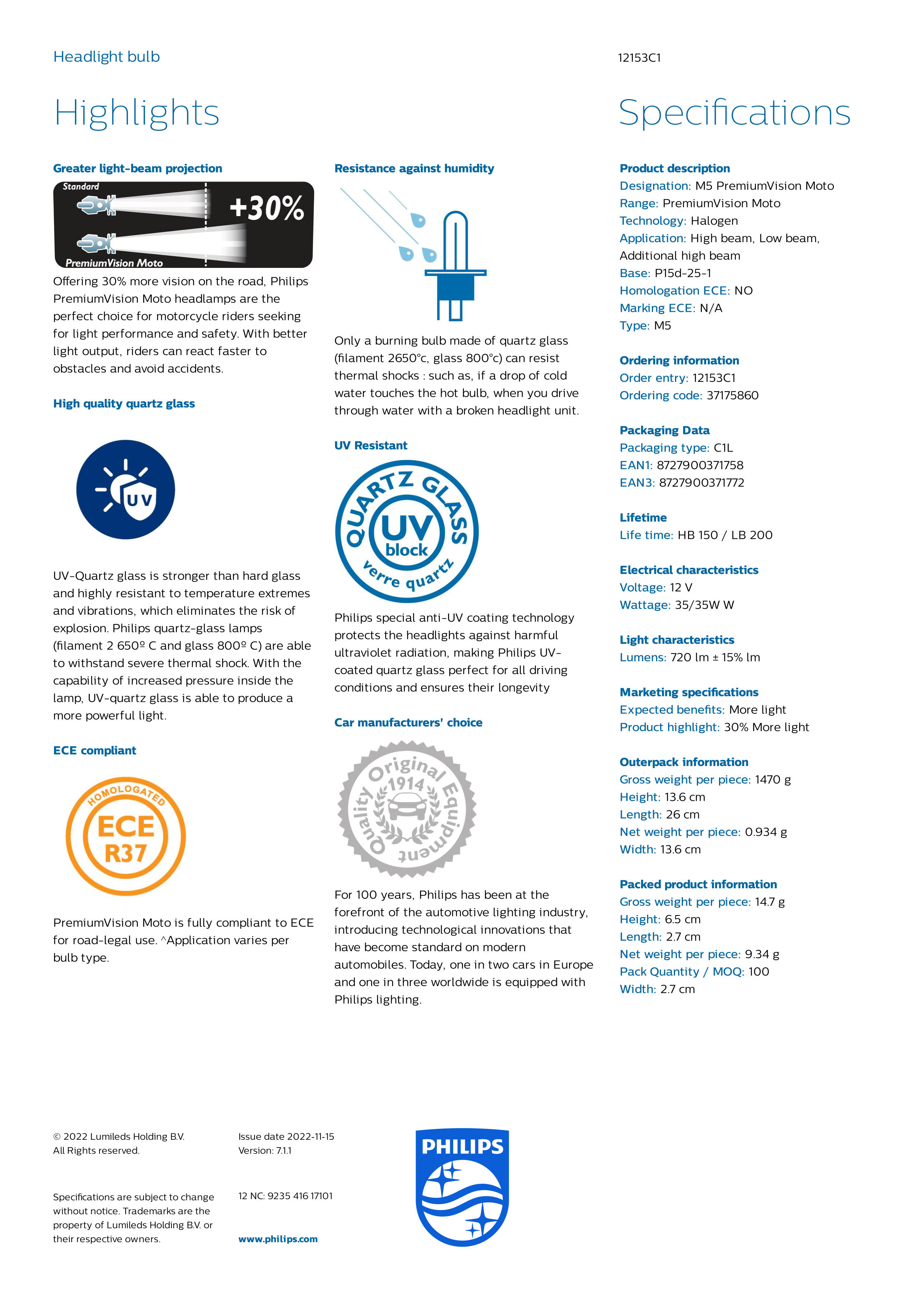 PHILIPS PremiumVision Moto headlight  M5 35/35W P15d-25-1 12153C1 923541617101