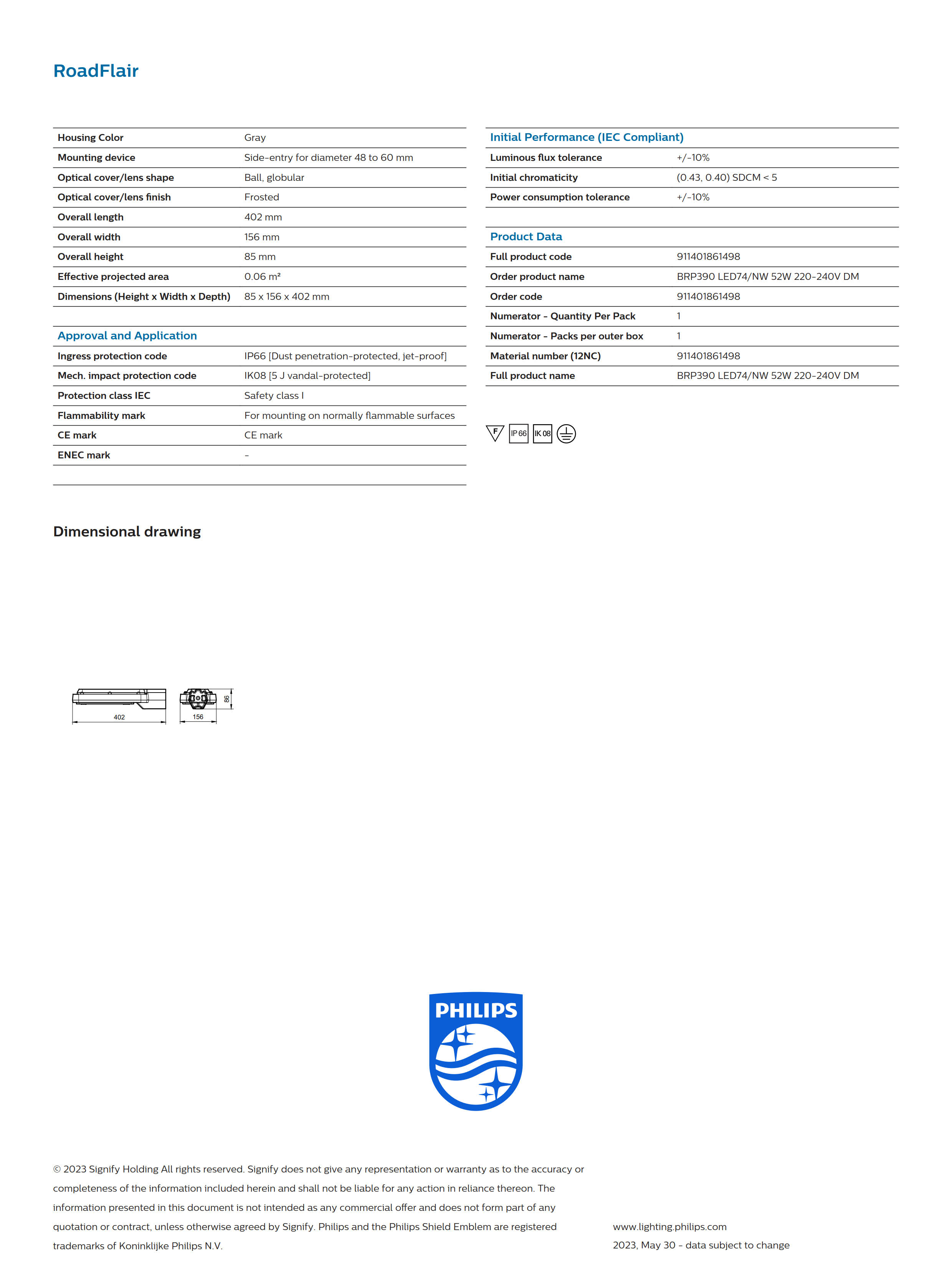 PHILIPS BRP390 LED74/NW 52W 220-240V DM 911401861197