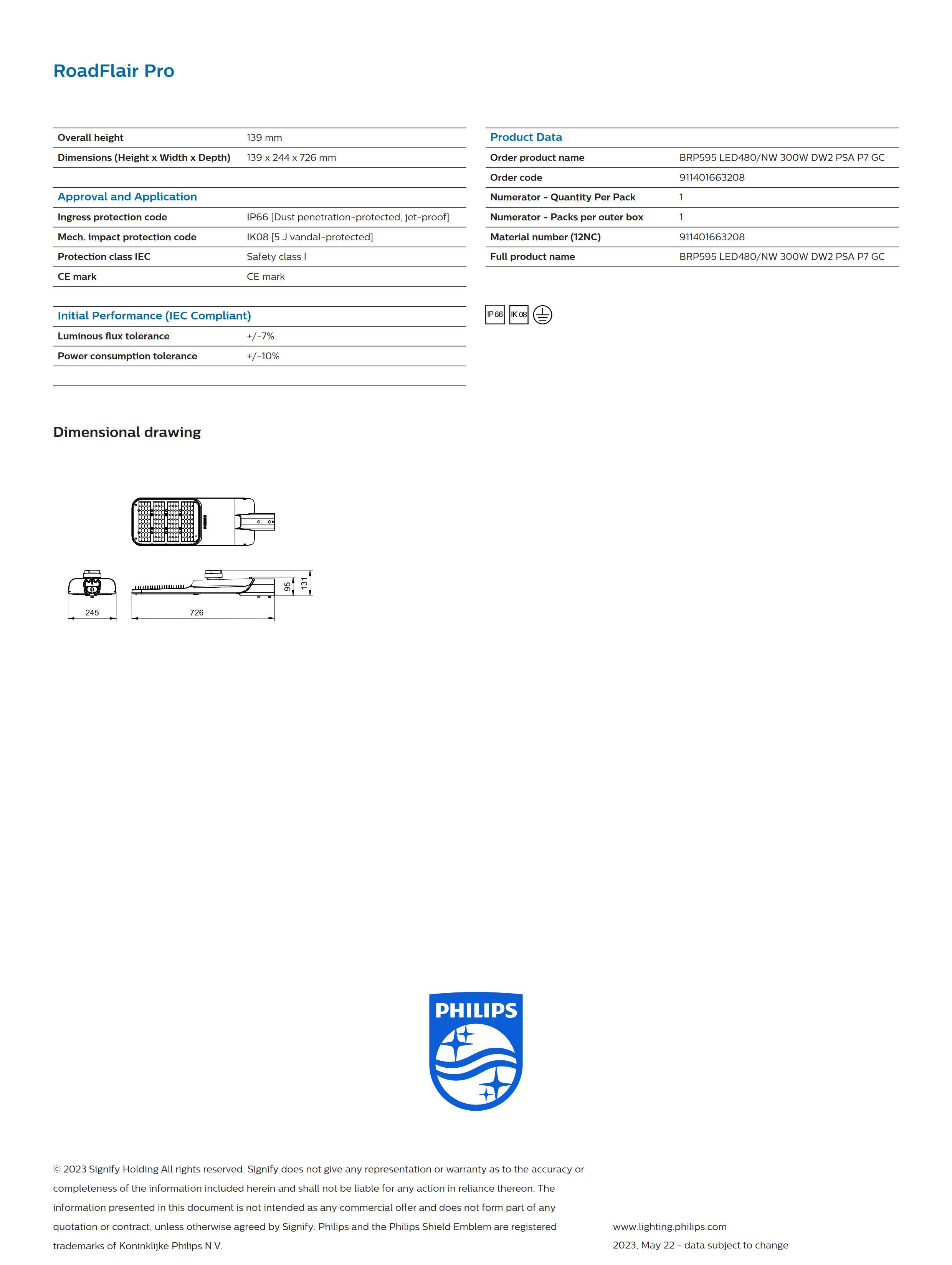 PHILIPS Street BRP595 LED480/NW 300W DW2 PSD GC 911401663308