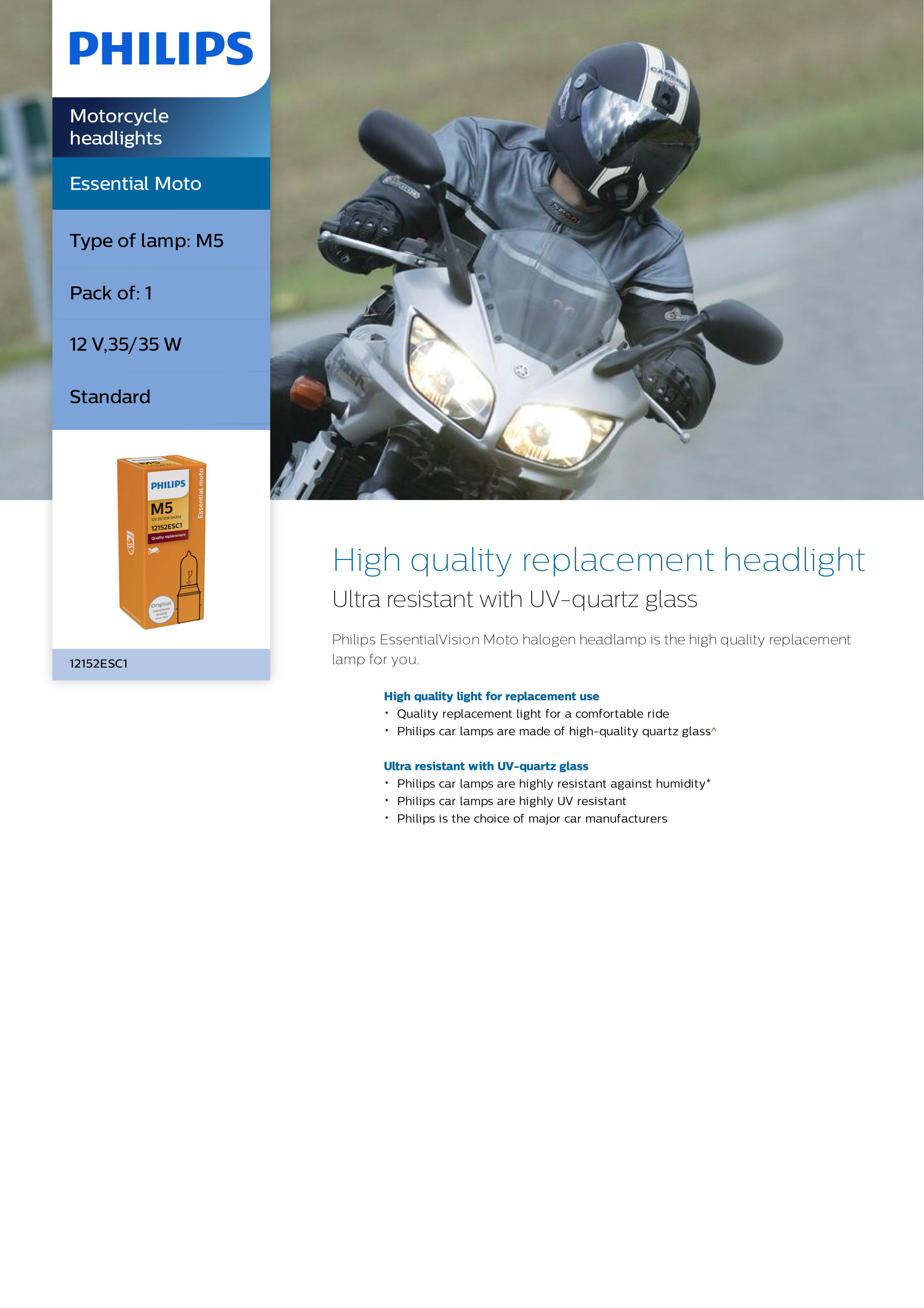 PHILIPS Essential Vision Moto headlight M5 12V 35/35W BA30d 12152ESC1 867000124553