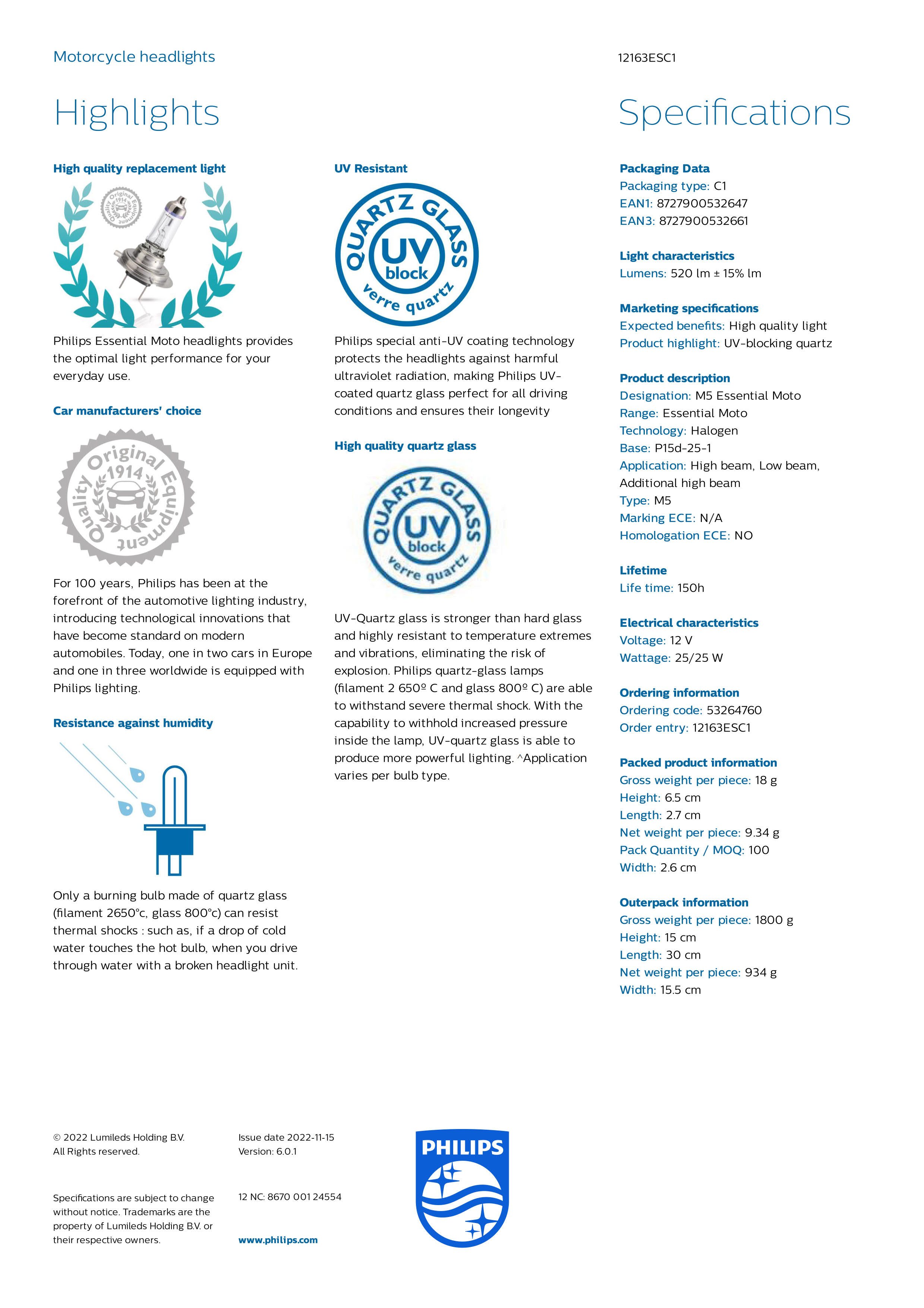 PHILIPS Essential Vision Moto headlight M5 12V 25/25W P15d-25-1 12163ESC1 867000124554