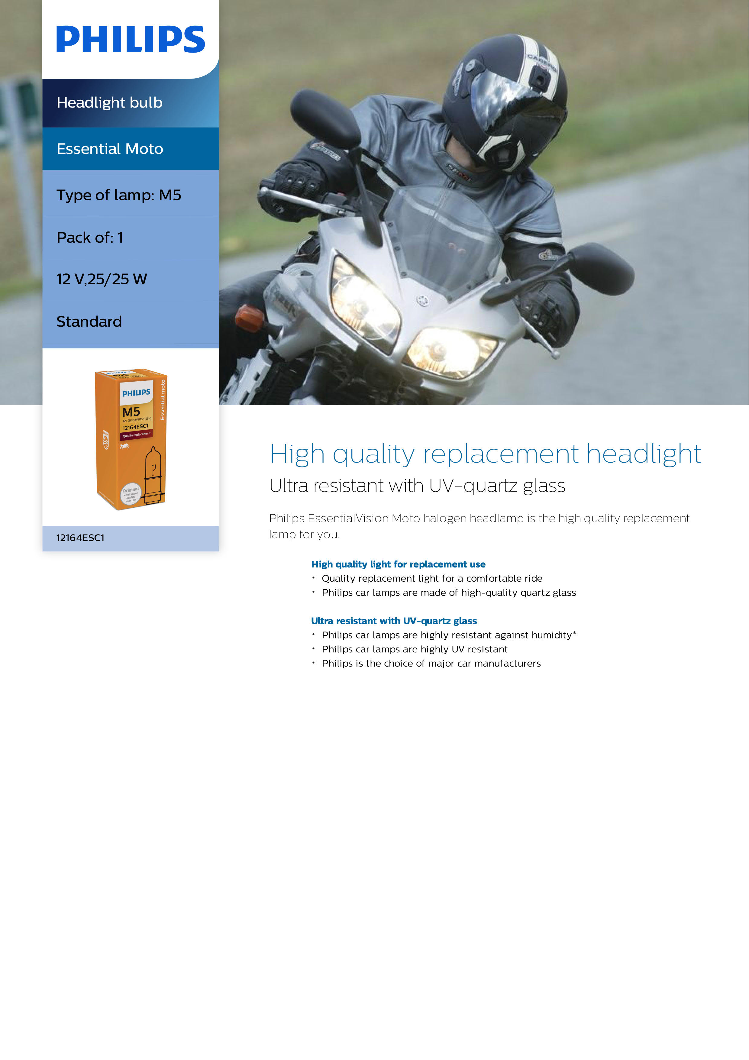 PHILIPS Essential Vision Moto headlight M5 12V 25/25W P15d-25-3 12164ESC1 867000124555