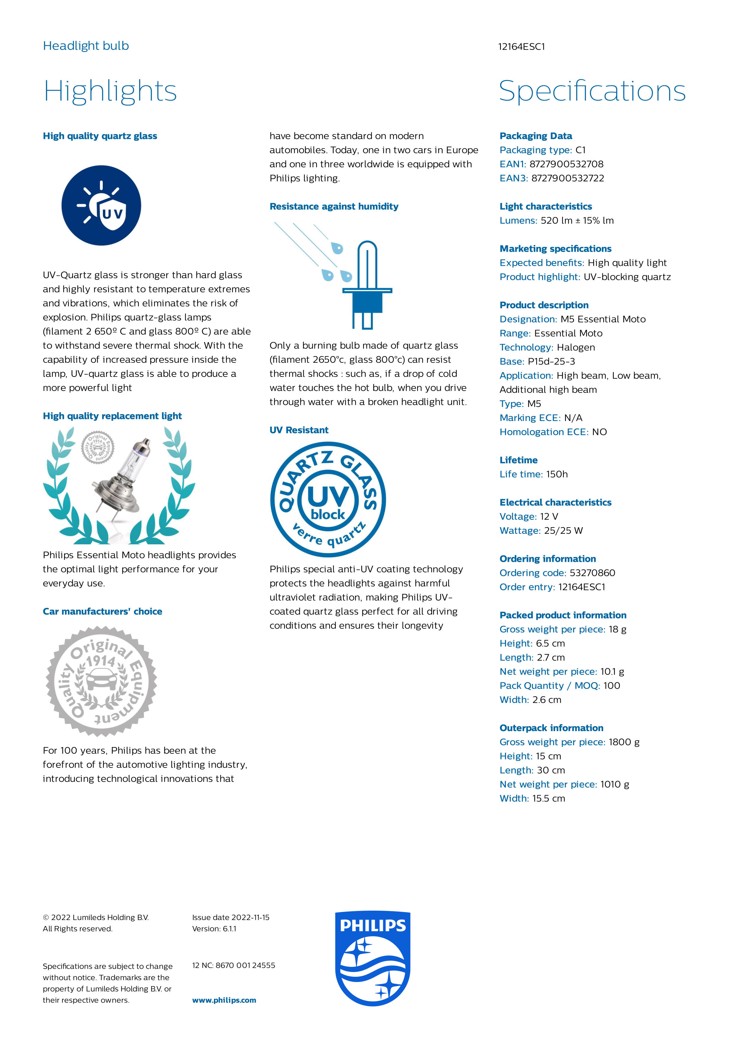 PHILIPS Essential Vision Moto headlight M5 12V 25/25W P15d-25-3 12164ESC1 867000124555