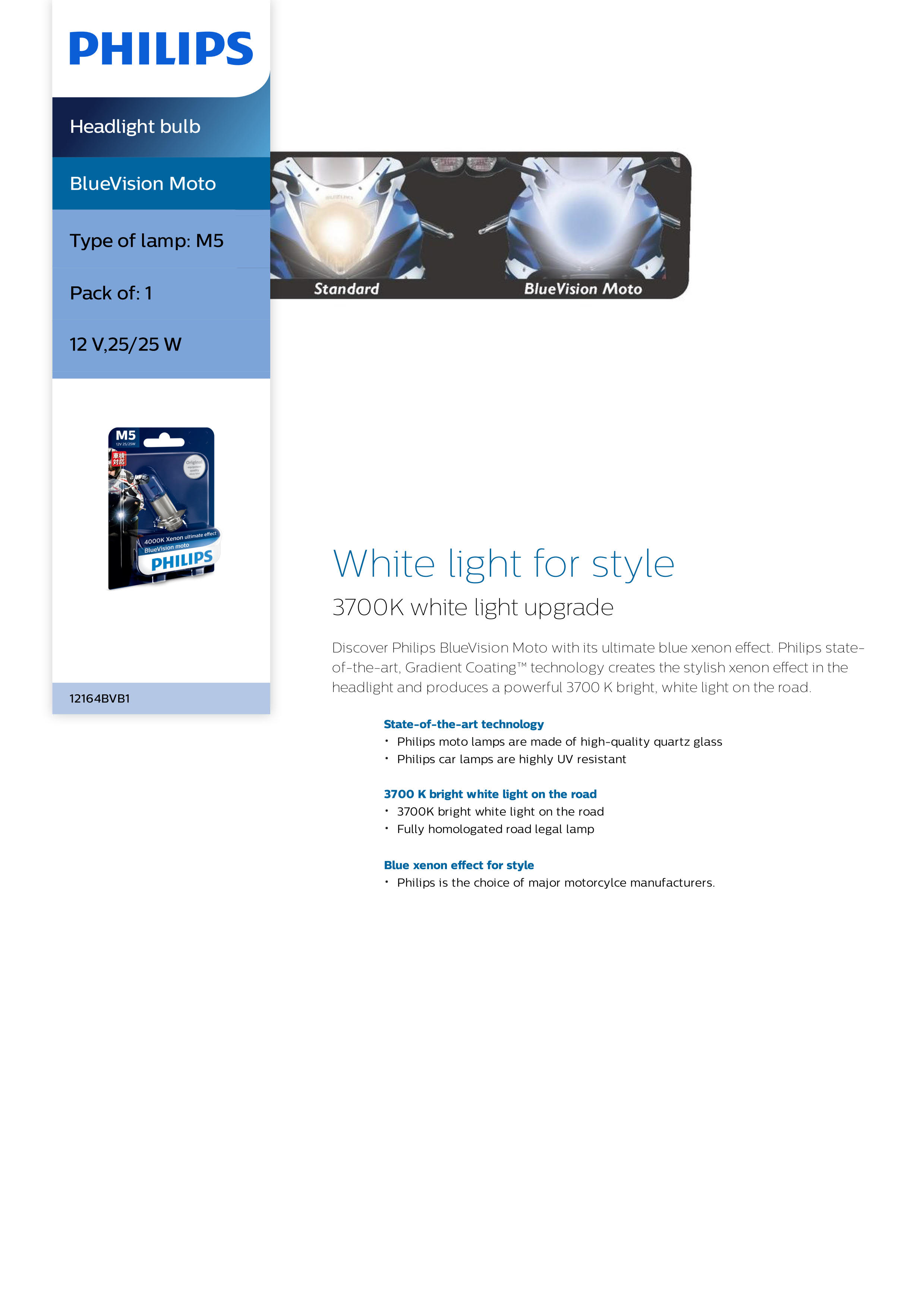 PHILIPS BlueVision Moto Headlight bulb M5 12V 25/25W 12164BVB1 P15d-25-3 867000124439