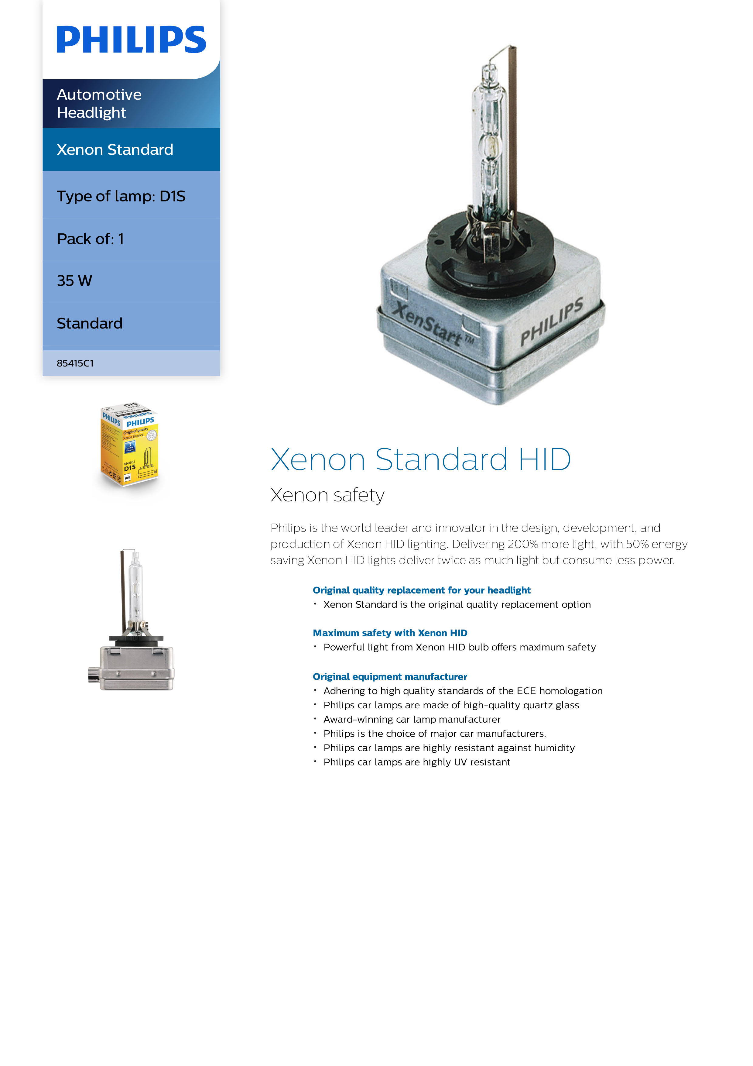 PHILIPS Xenon Standard Automotive Headlight 85V 35W 85415c1 : PK32d-2 867000095747