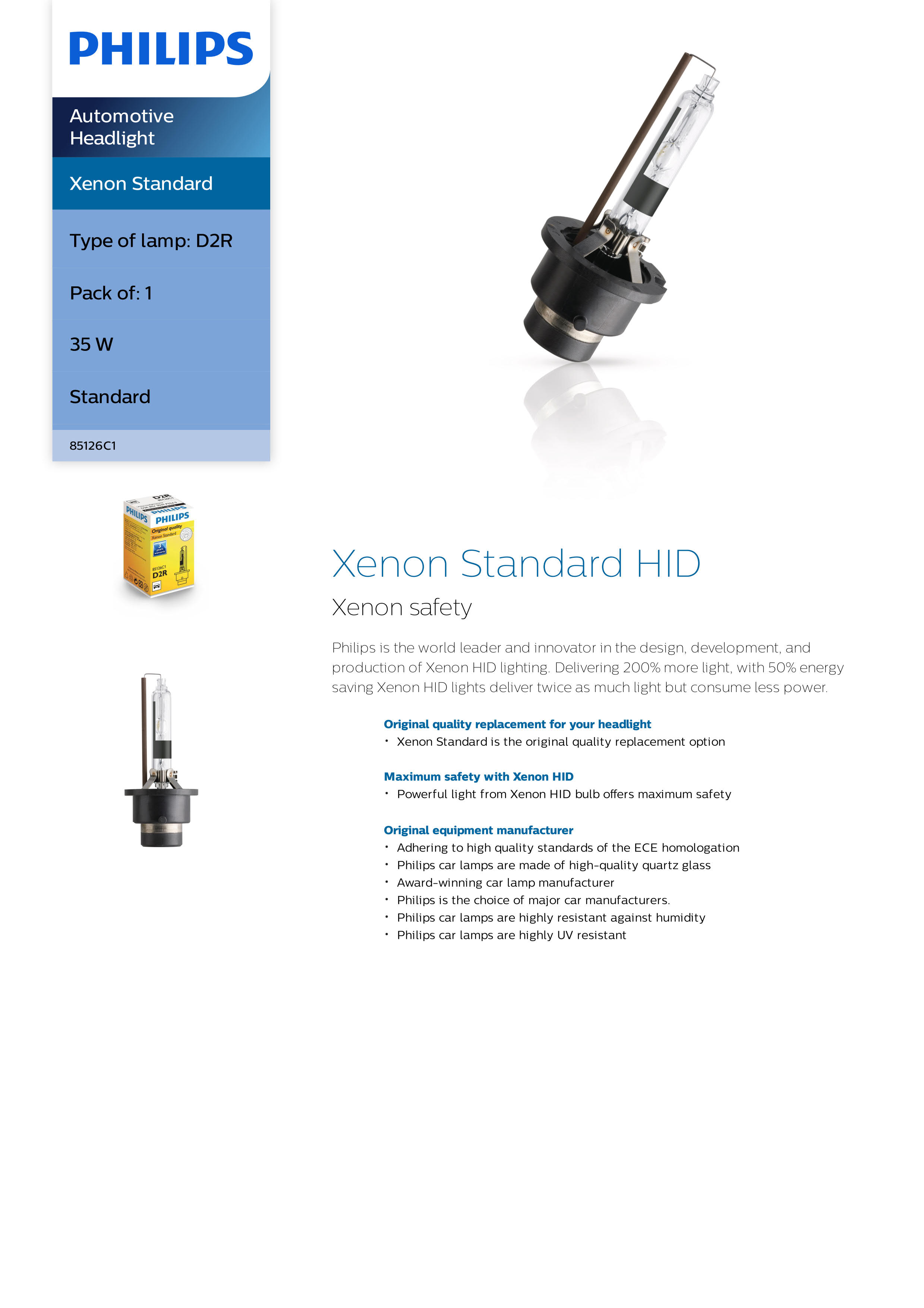 PHILIPS Xenon Standard Automotive Headlight D2R 85V 35W 85126C1 P32d-3 928501529436