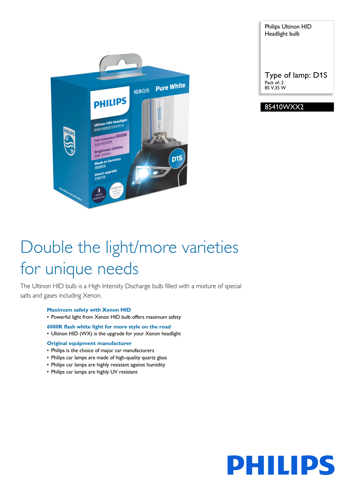 PHILIPS Xenos Ultinon HID Headlight bulb D1S 85V 35W 85410WXX2 PK32d-2 8727900373288