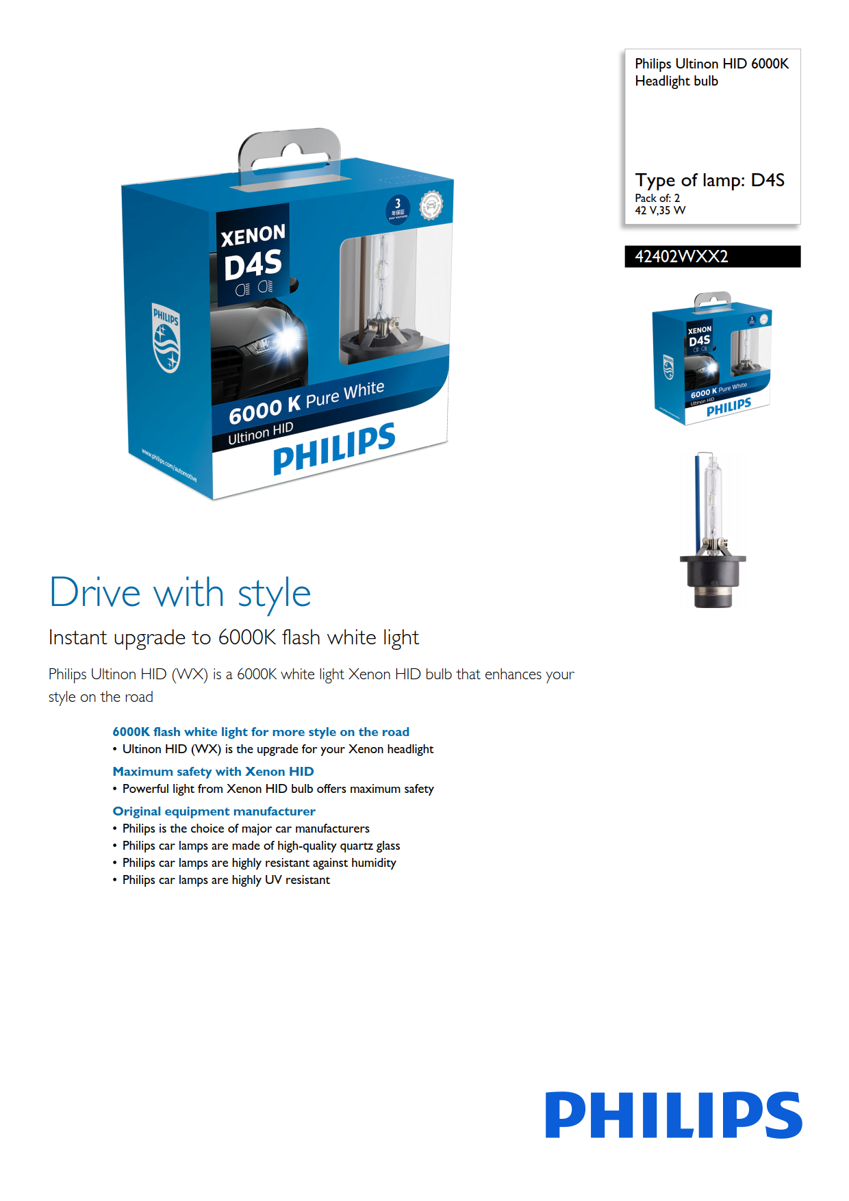 PHILIPS Xenos Ultinon HID Headlight bulb D4S 42V 35W 42402WXX2 P32d-5 867000100236