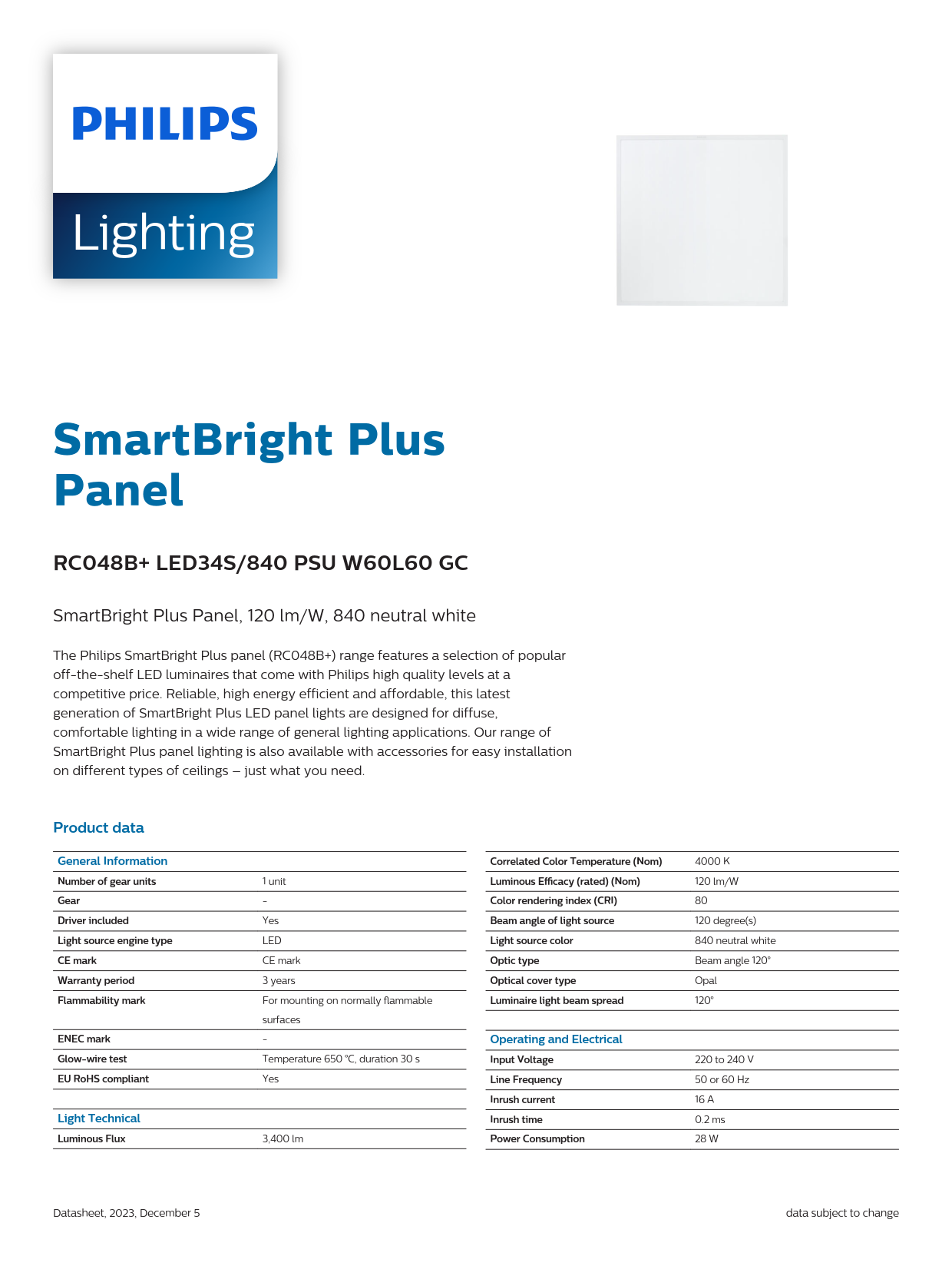 PHILIPS Panel Light RC048B  LED34S/840 PSU W60L60 GC 911401852785