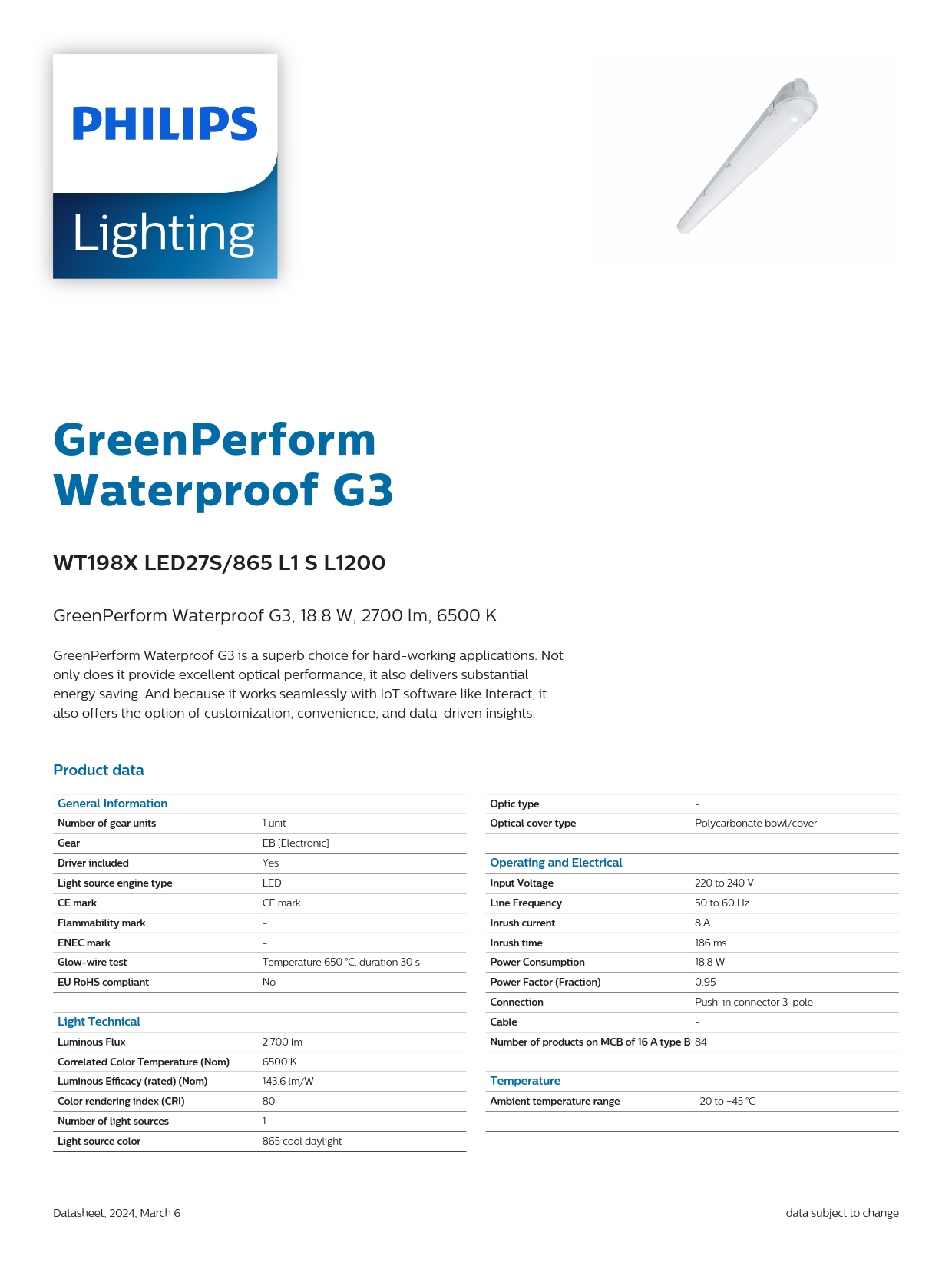 PHILIPS Waterproof Fixture light WT198X LED27S/865 L1 S L1200 911401571691