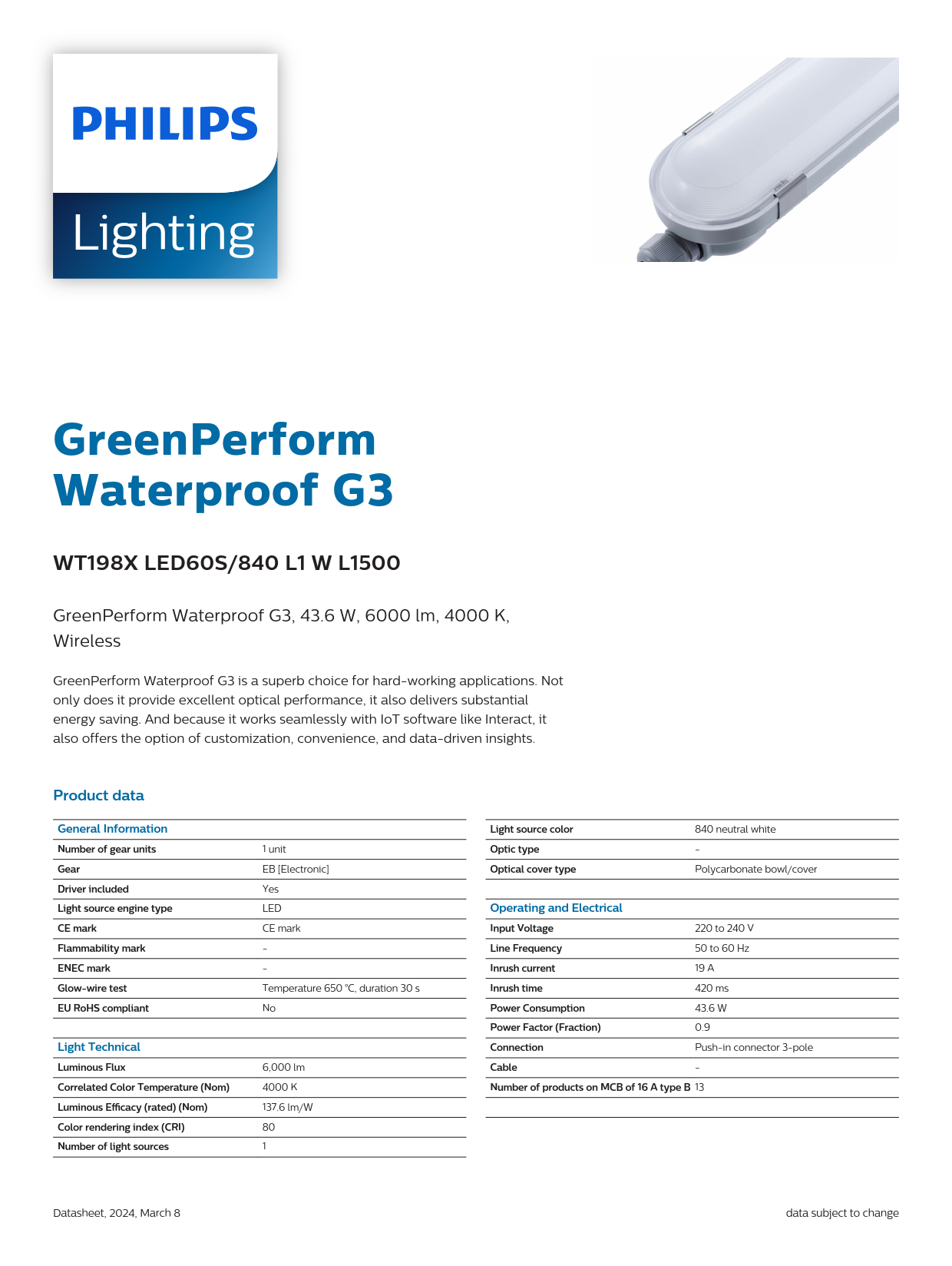 PHILIPS Waterproof Fixture light WT198X LED60S/840 L1 W L1500 911401551802