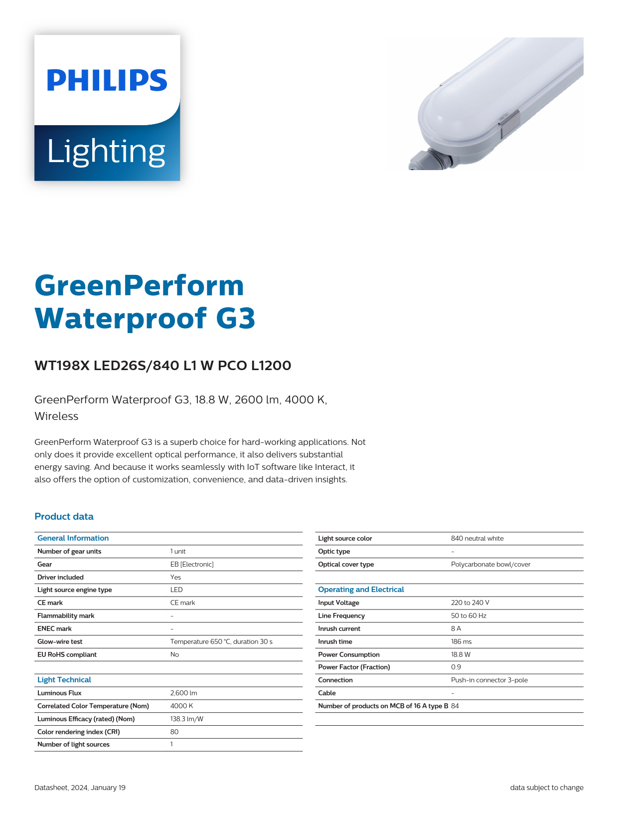 PHILIPS Waterproof Fixture light WT198X LED26S/840 L1 W PCO L1200 911401552602