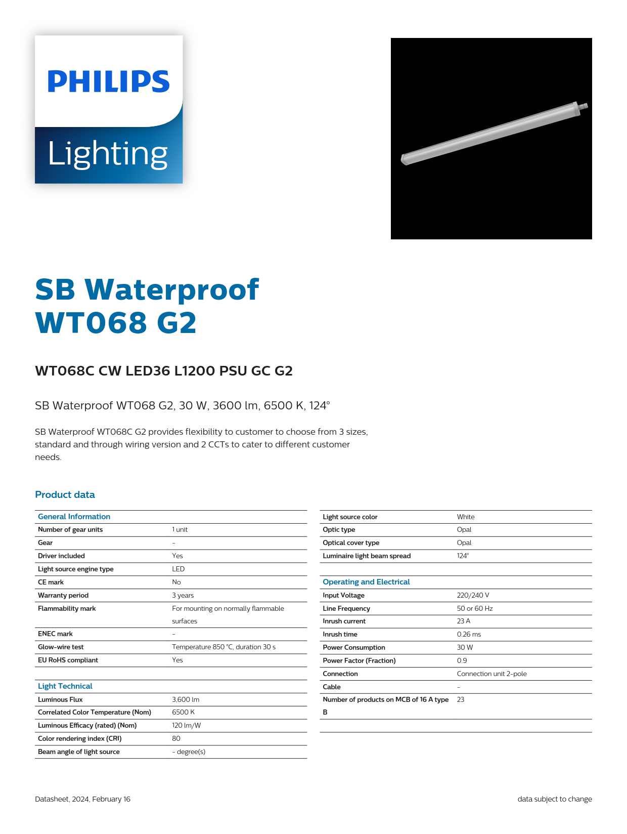 PHILIPS Waterproof Fixture light WT068C CW LED36 L1200 PSU GC G2 911401861585