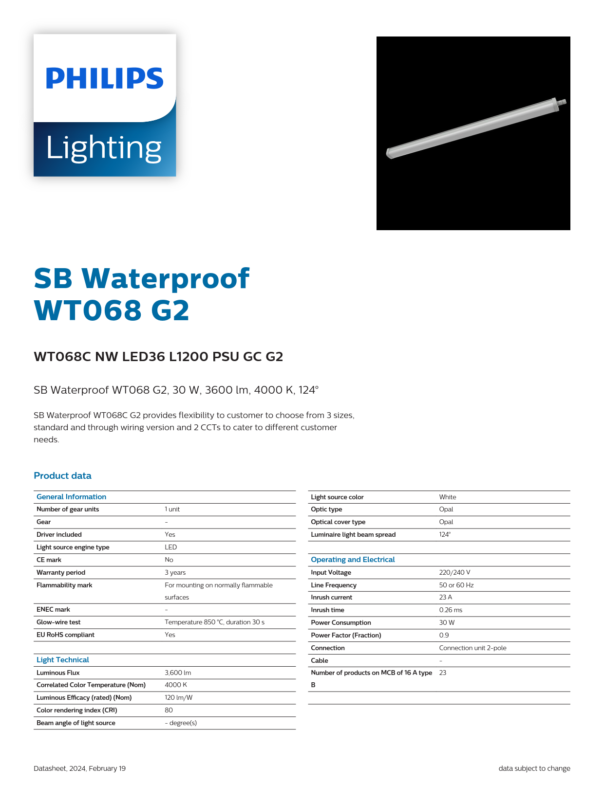 PHILIPS Waterproof Fixture light WT068C NW LED36 L1200 PSU GC G2 911401861885