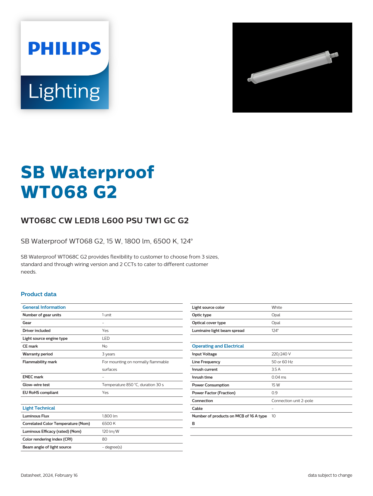 PHILIPS Waterproof Fixture light WT068C CW LED18 L600 PSU TW1 GC G2 911401862085