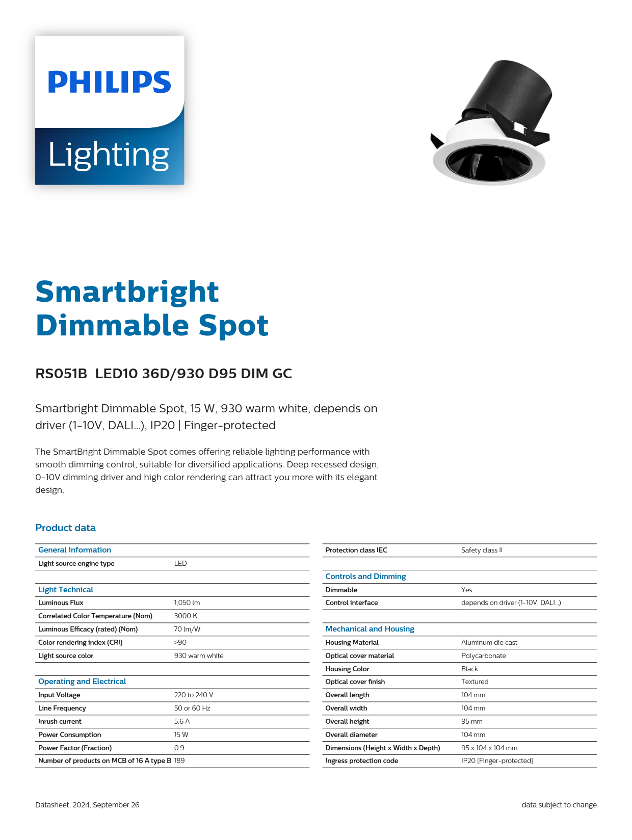 PHILIPS RS051B LED10 36D/930 D95 DIM GC Smartbright Dimmable Spot light 911401833184
