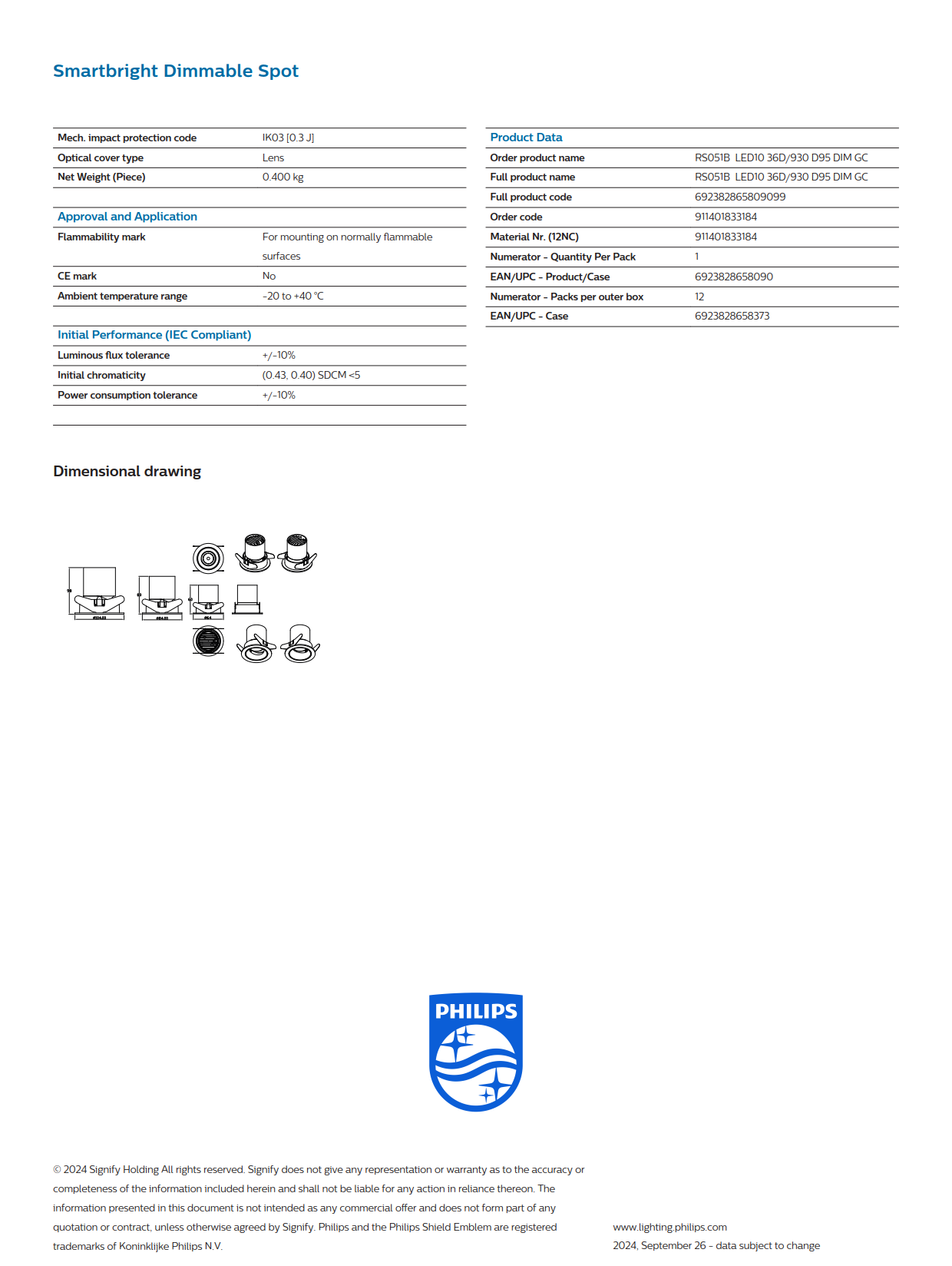PHILIPS RS051B LED10 36D/930 D95 DIM GC Smartbright Dimmable Spot light 911401833184