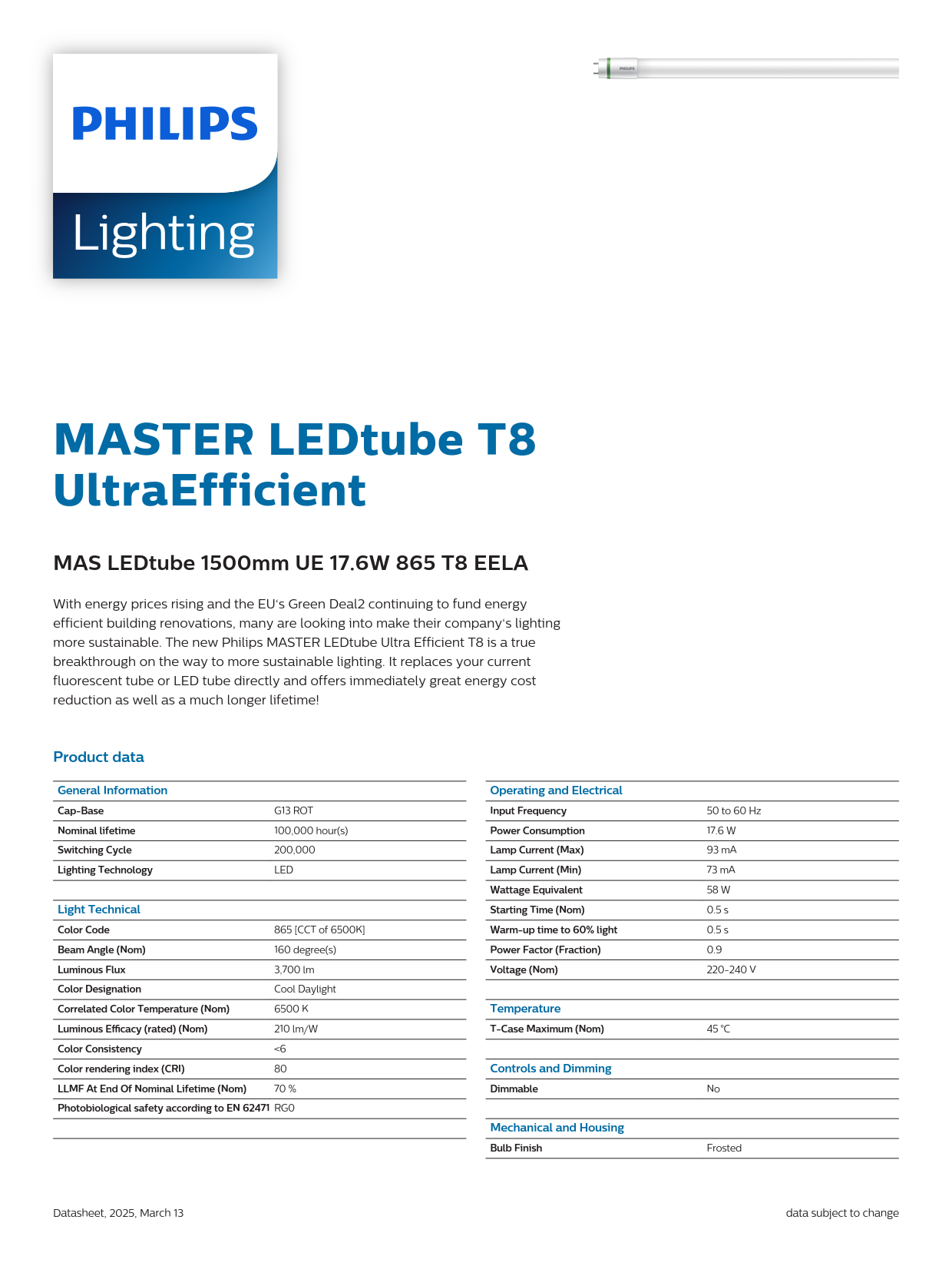 PHILIPS MASTER LEDtube 1500mm UE 17.6W 865 T8 EELA 929003731910