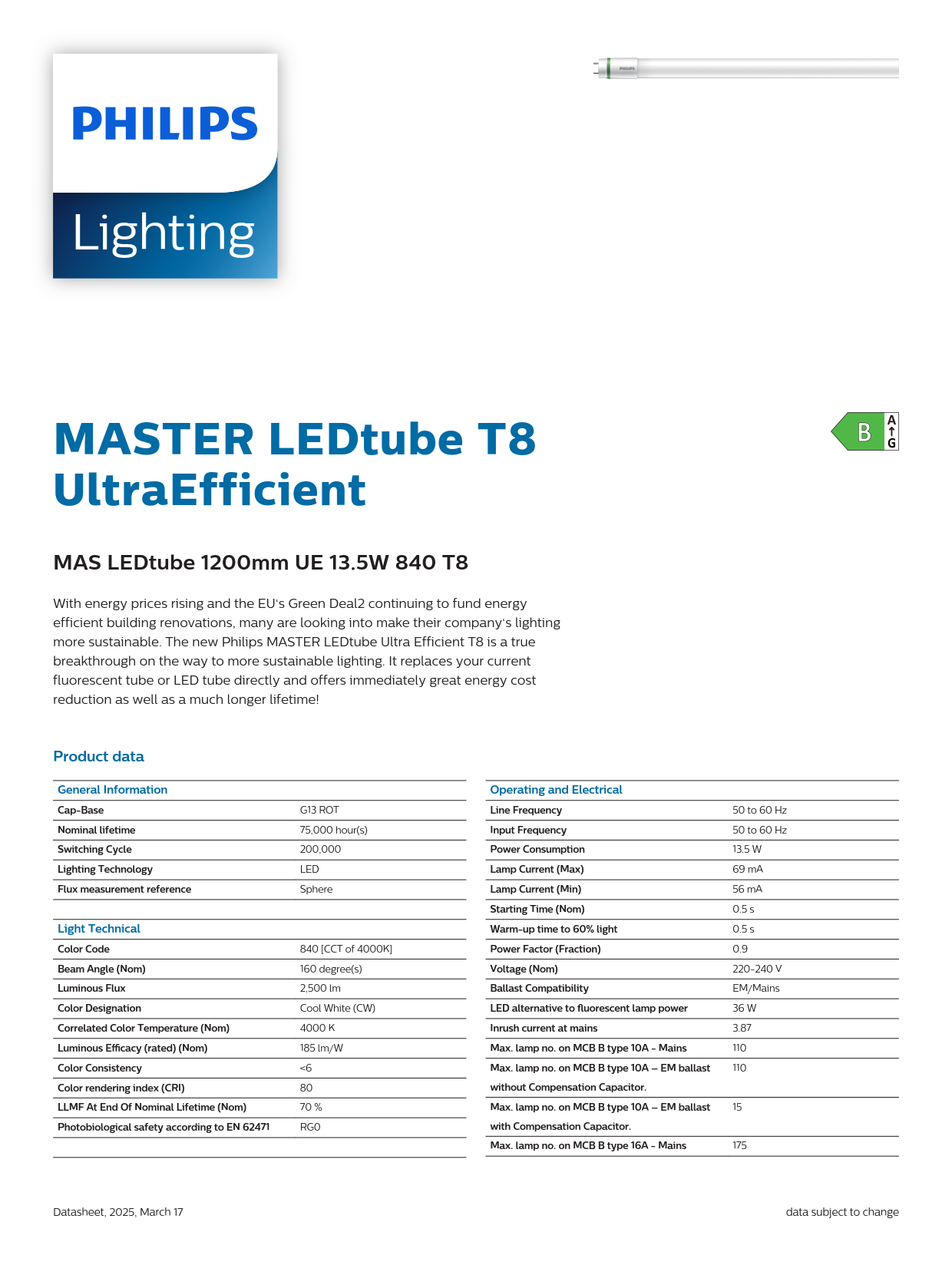 PHILIPS MASTER LEDtube 1200mm UO 13.5W 840 T8 929004241902