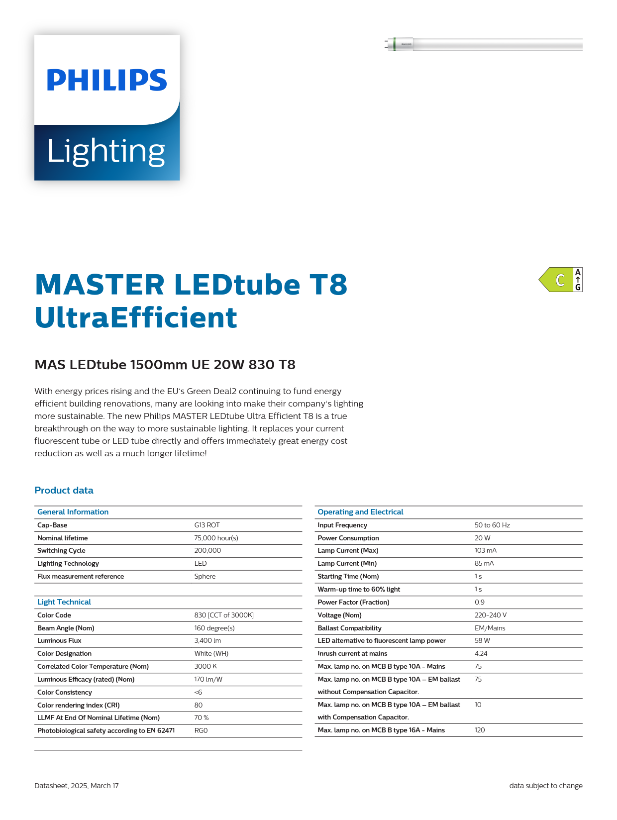 PHILIPS MASTER LEDtube 1500mm UO 20W 830 T8 929004242102