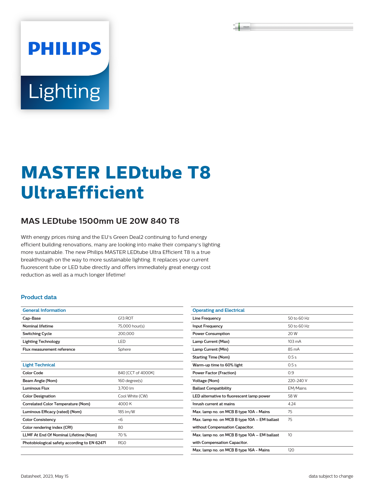 PHILIPS MASTER LEDtube 1500mm UO 20W 840 T8 929004242202